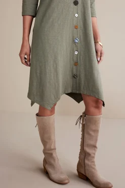 solids|short-Soft Surroundings 3/4 Sleeve Danielle Button Dress Agave Green