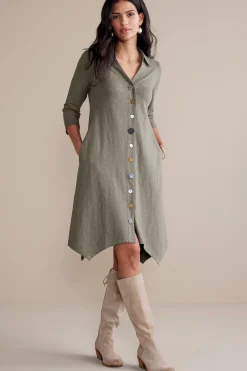 solids|short-Soft Surroundings 3/4 Sleeve Danielle Button Dress Agave Green