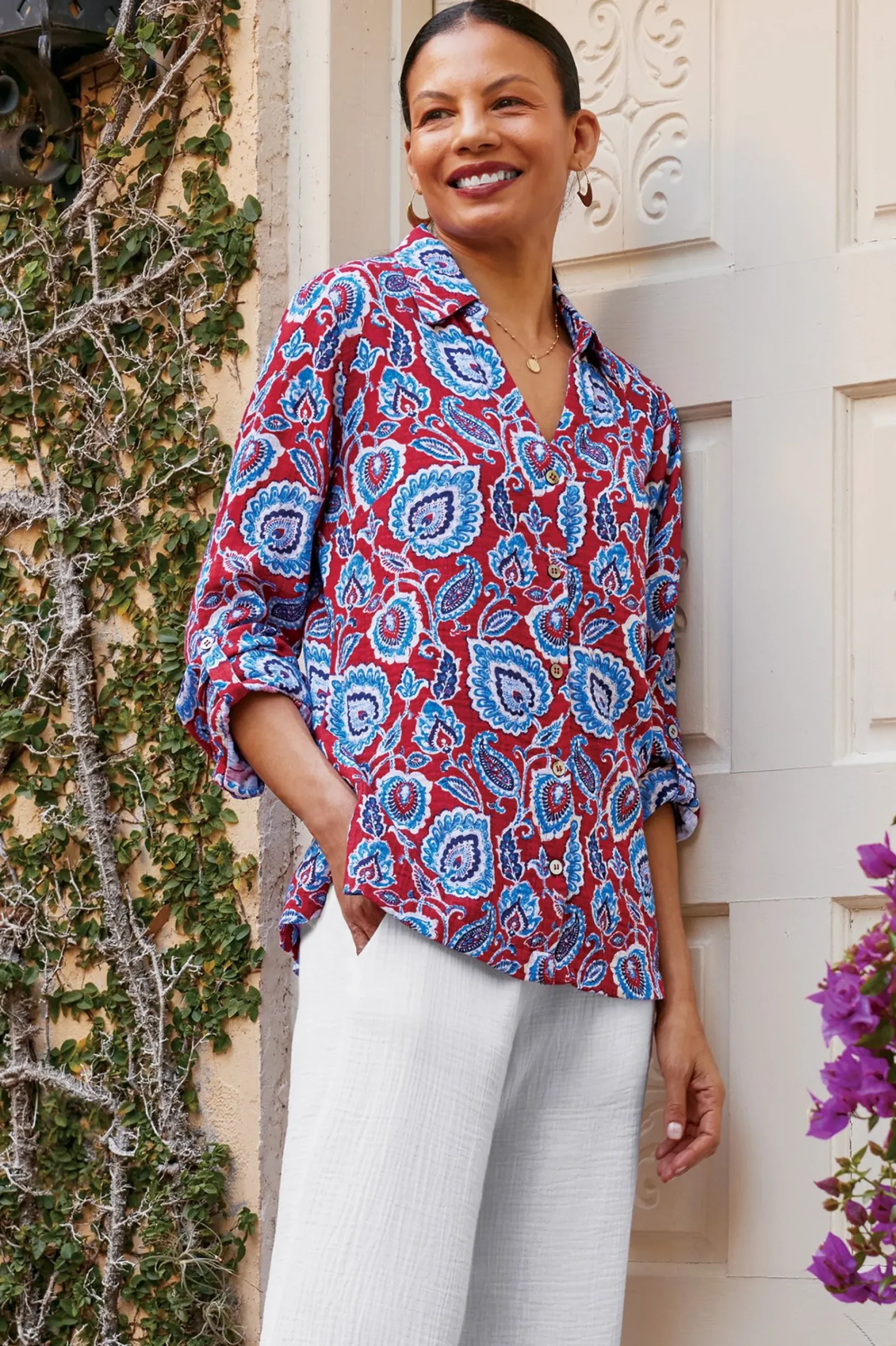 Vacation Shop|Gauze Shop-Soft Surroundings Addison Gauze Big Shirt Tibetan Blue