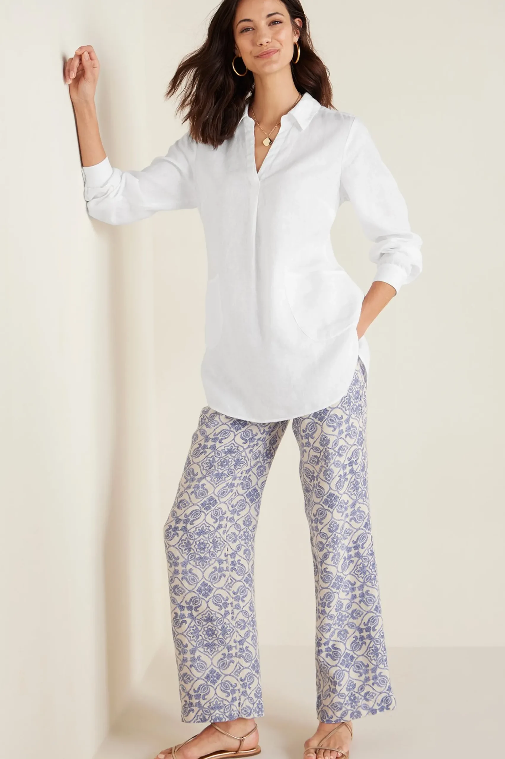 full length|wide leg-Soft Surroundings Aliso Point Linen Pants Blue Tile Print
