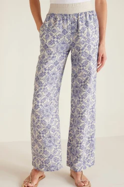 full length|wide leg-Soft Surroundings Aliso Point Linen Pants Blue Tile Print