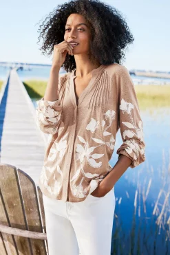 Feminine Flourish|Global Artistry-Soft Surroundings Alva Embroidered Knit Top Beige