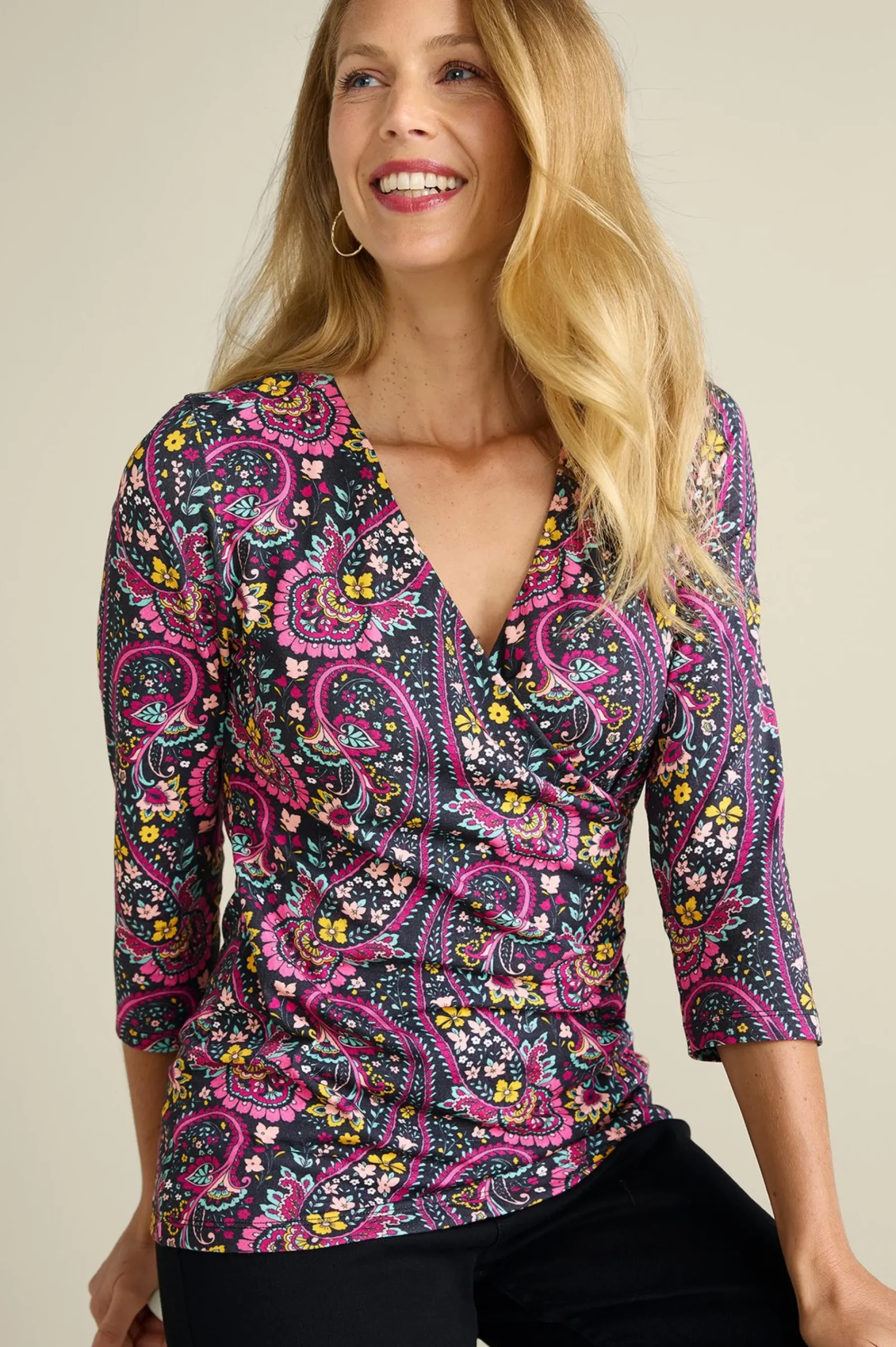 Everyday Styles|three quarter length-Soft Surroundings Alyssa Knit Top Black