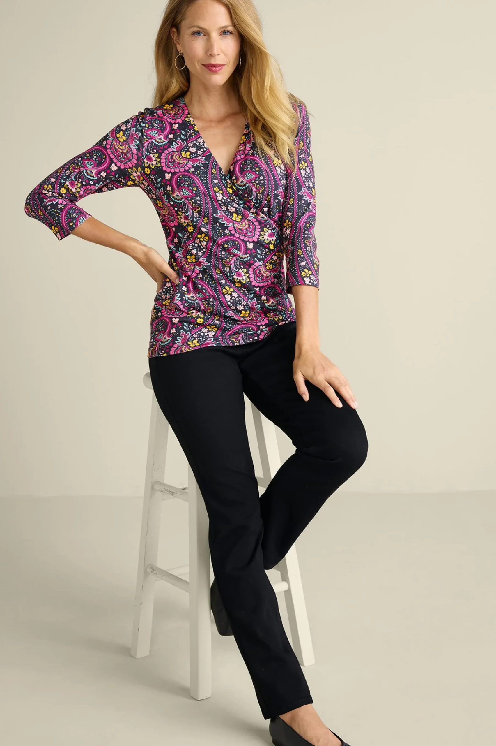 Everyday Styles|three quarter length-Soft Surroundings Alyssa Knit Top Black