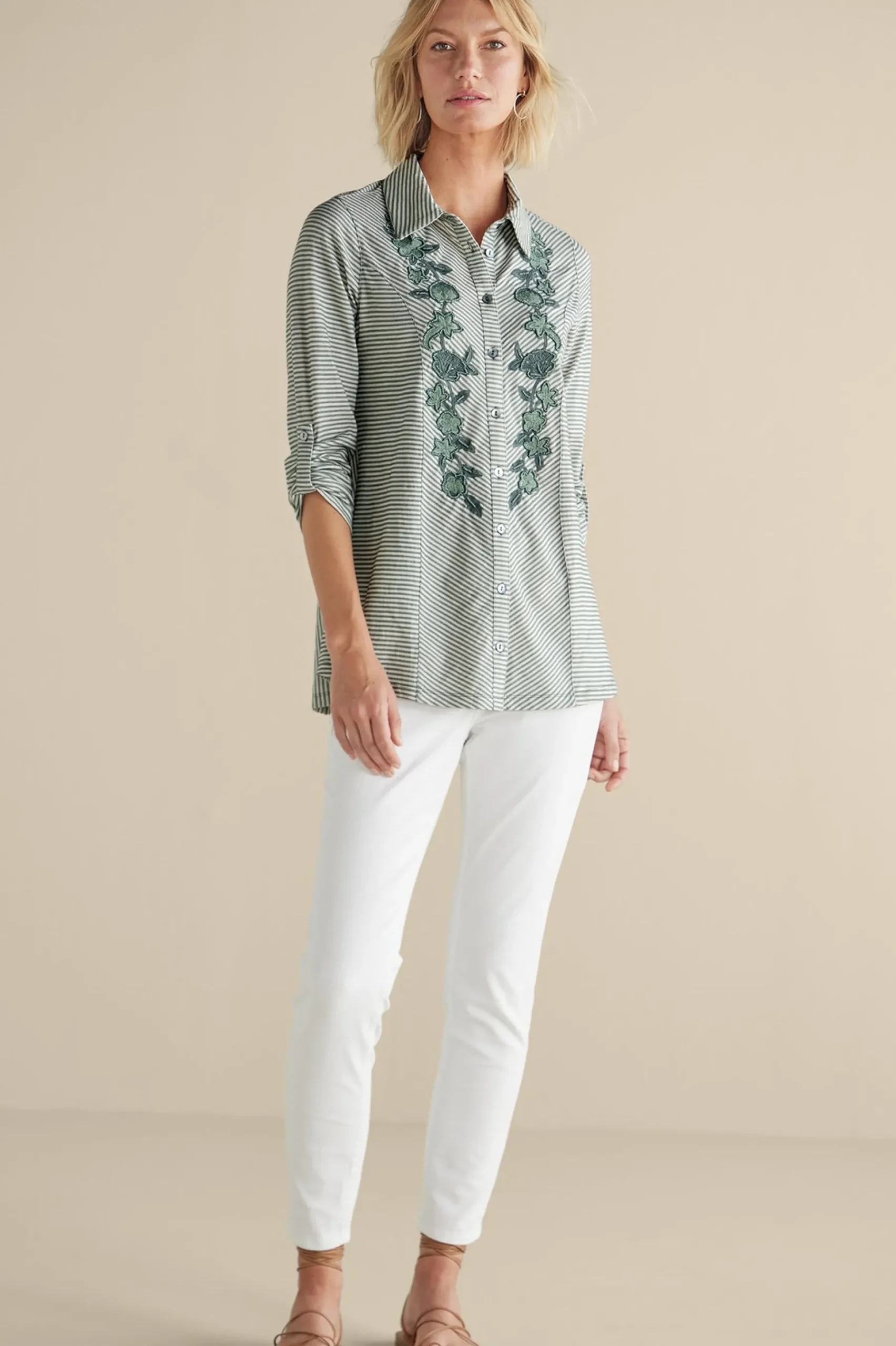 Feminine Flourish|Vacation Shop-Soft Surroundings Anisa Tunic Green Milieu Stripe