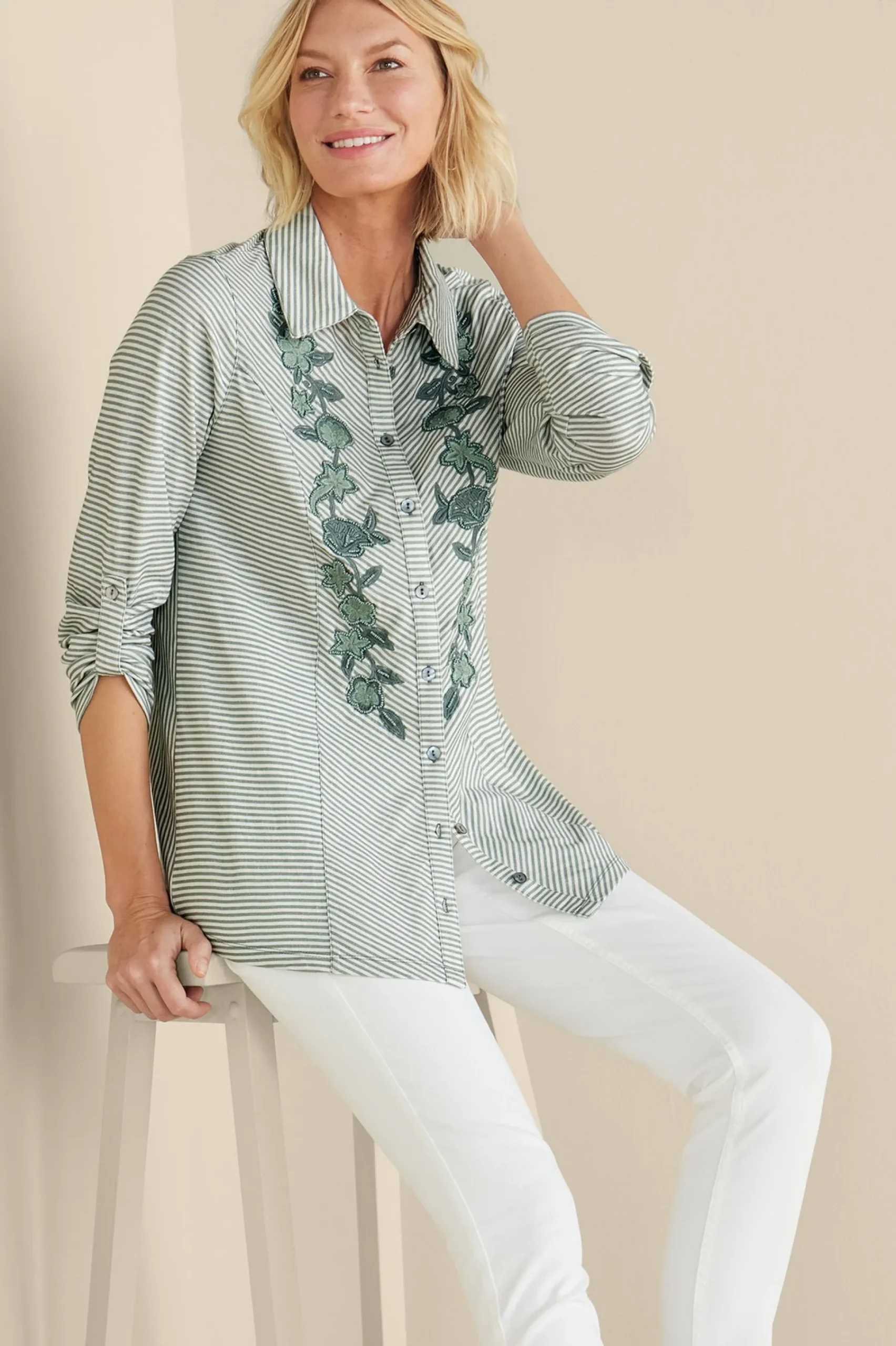 Feminine Flourish|Vacation Shop-Soft Surroundings Anisa Tunic Green Milieu Stripe