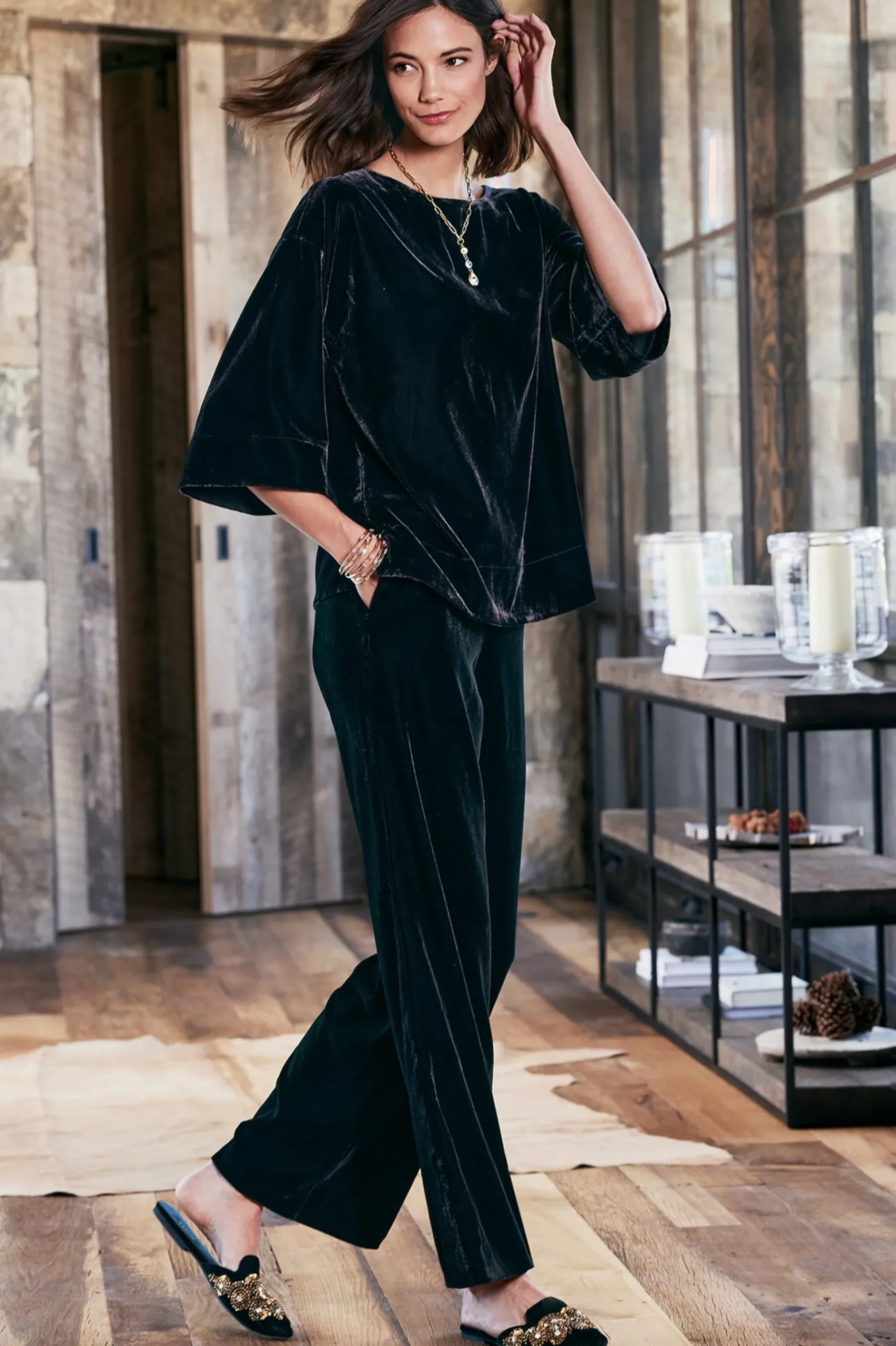 EVelvet Styles|full length-Soft Surroundings Aria Velvet Wide Leg Pants Cabernet