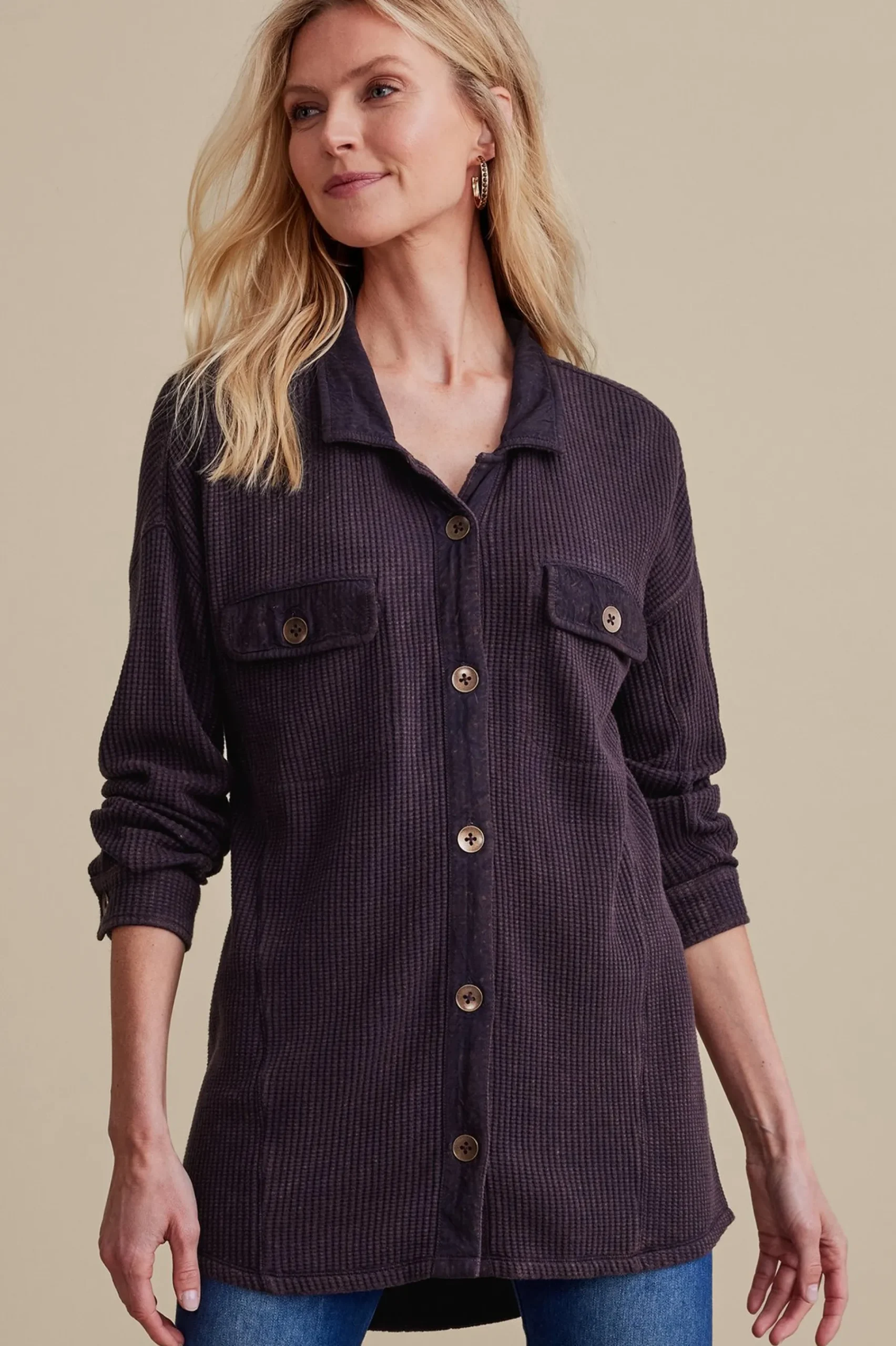 long sleeve|shirts-Soft Surroundings Audra Waffle Tunic Nightshadow Blue