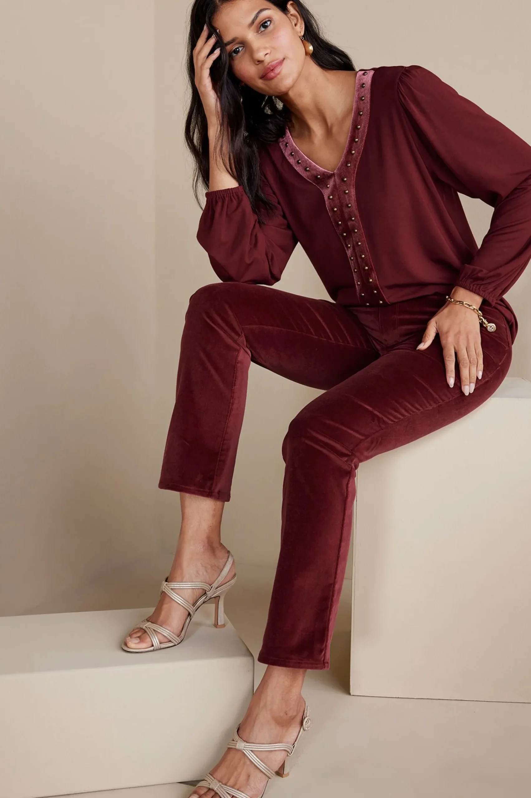 EVelvet Styles|full length-Soft Surroundings Blakely Velveteen Pants Cabernet