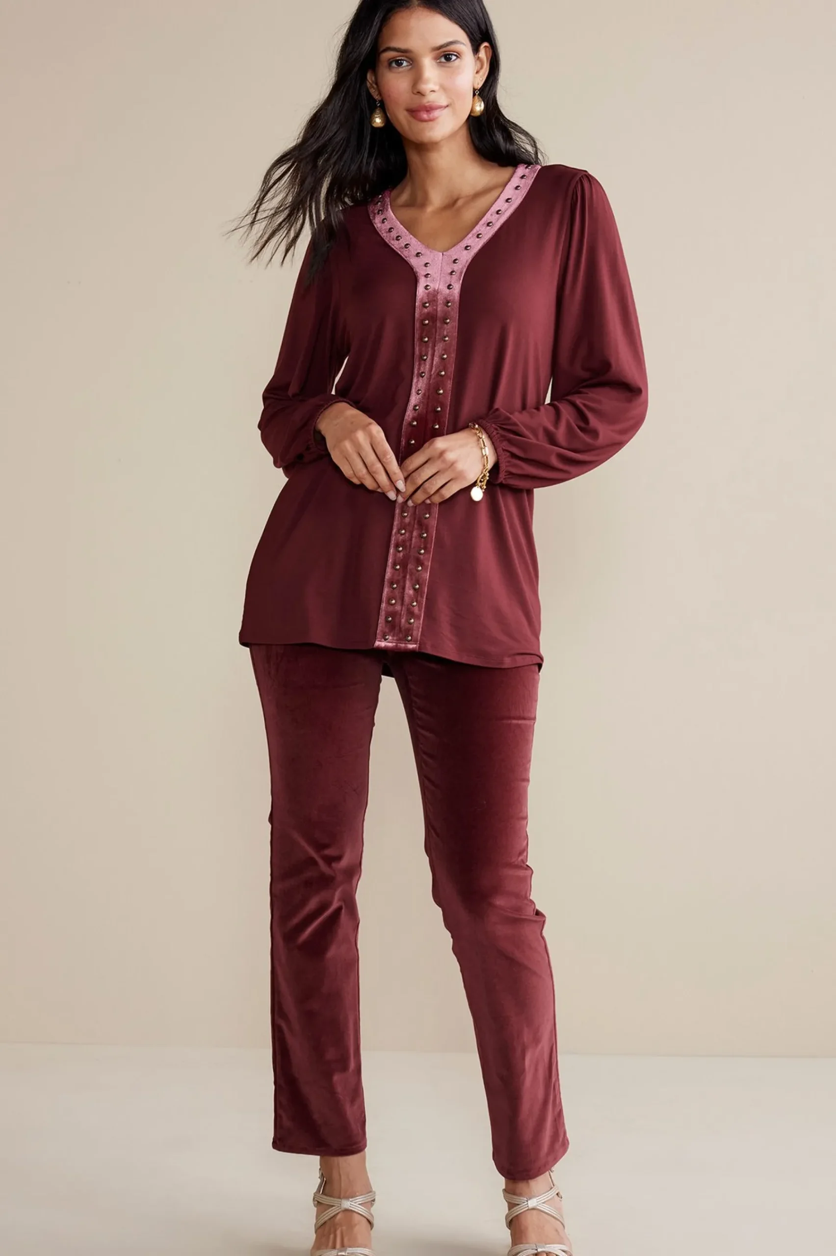 EVelvet Styles|full length-Soft Surroundings Blakely Velveteen Pants Cabernet