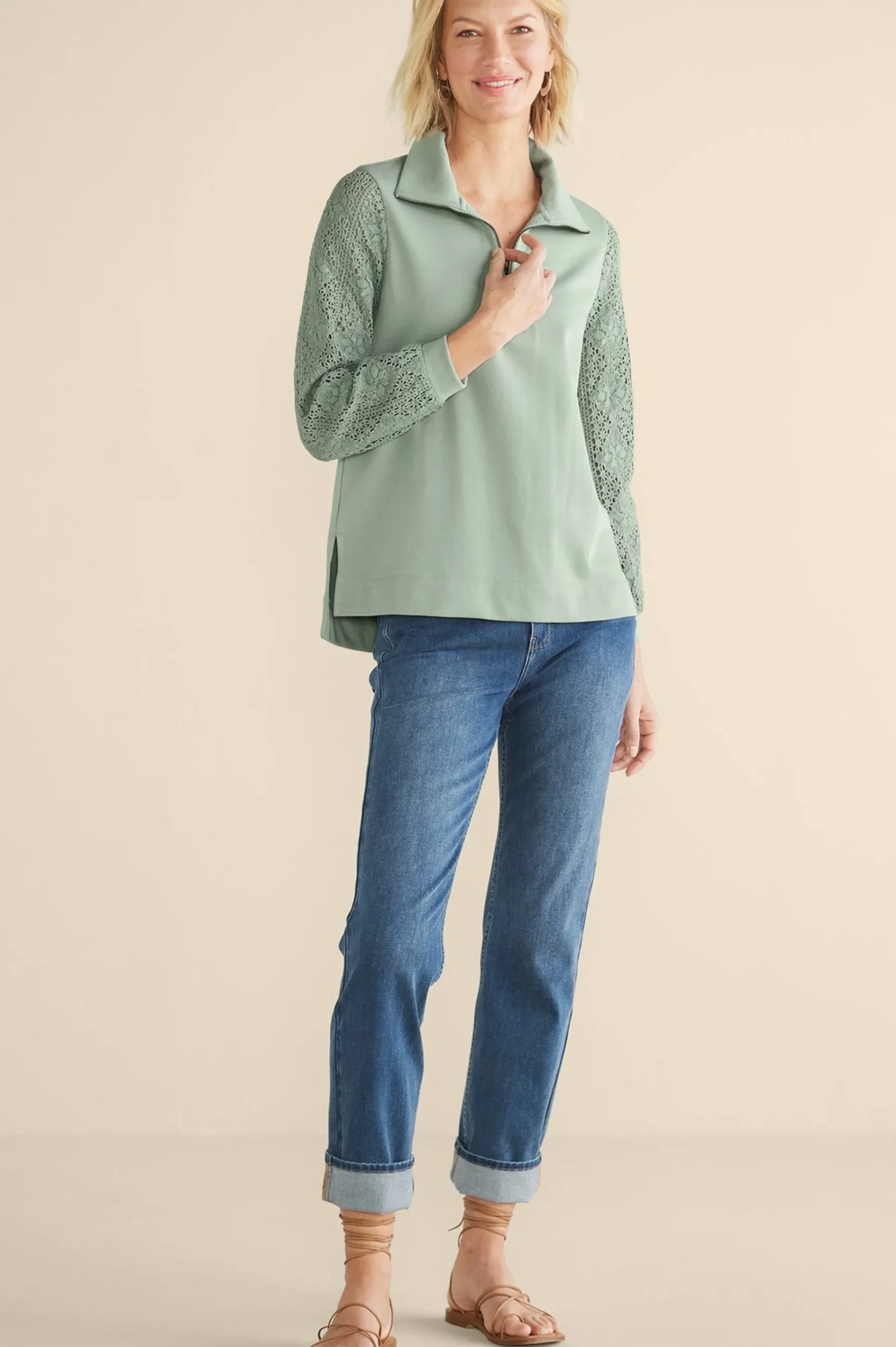 Feminine Flourish|Wear Now Styles-Soft Surroundings Crochet Sleeve French Terry Tunic Navy