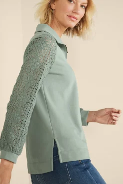 Feminine Flourish|Wear Now Styles-Soft Surroundings Crochet Sleeve French Terry Tunic Navy