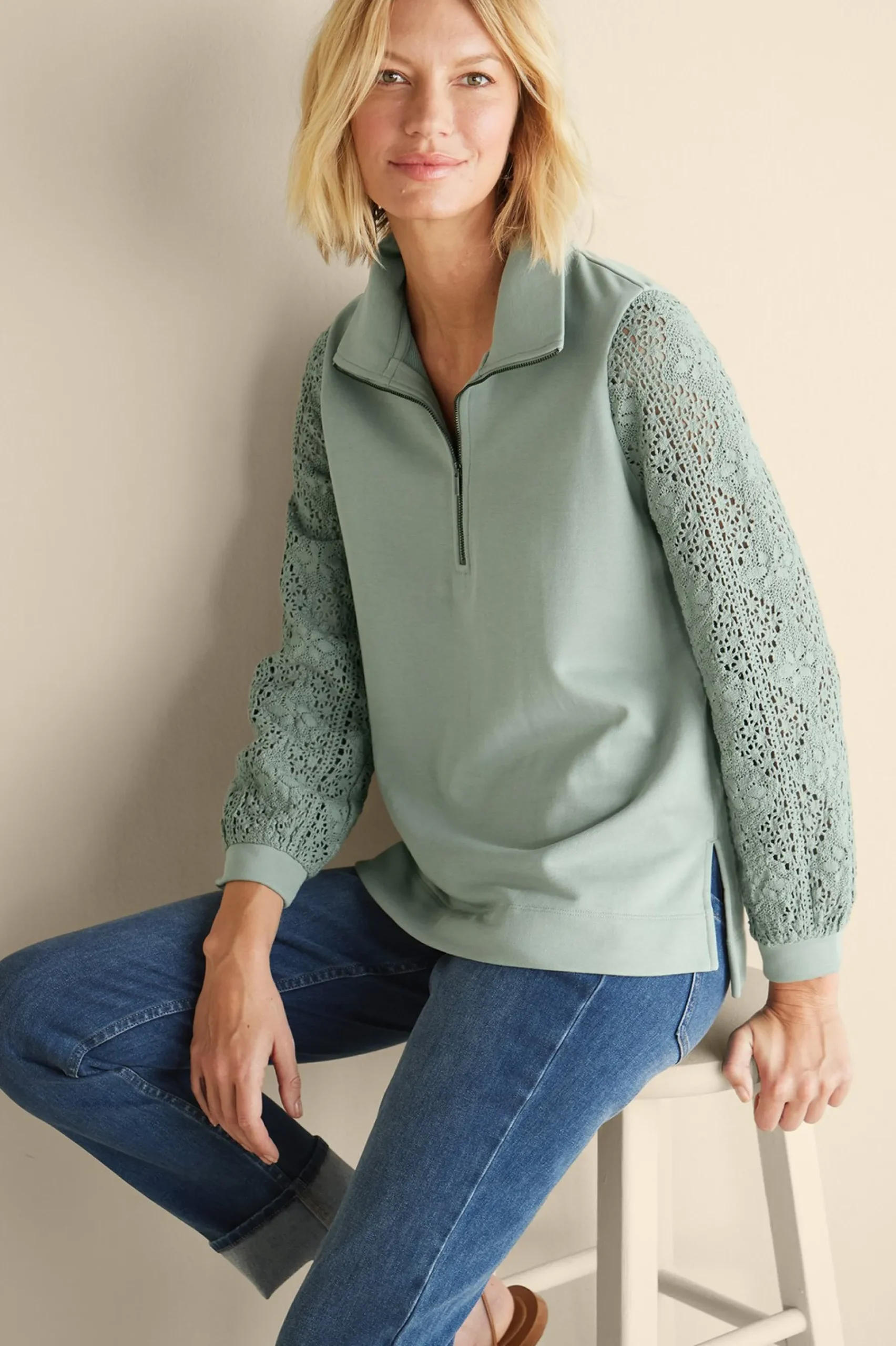 Feminine Flourish|Wear Now Styles-Soft Surroundings Crochet Sleeve French Terry Tunic Navy