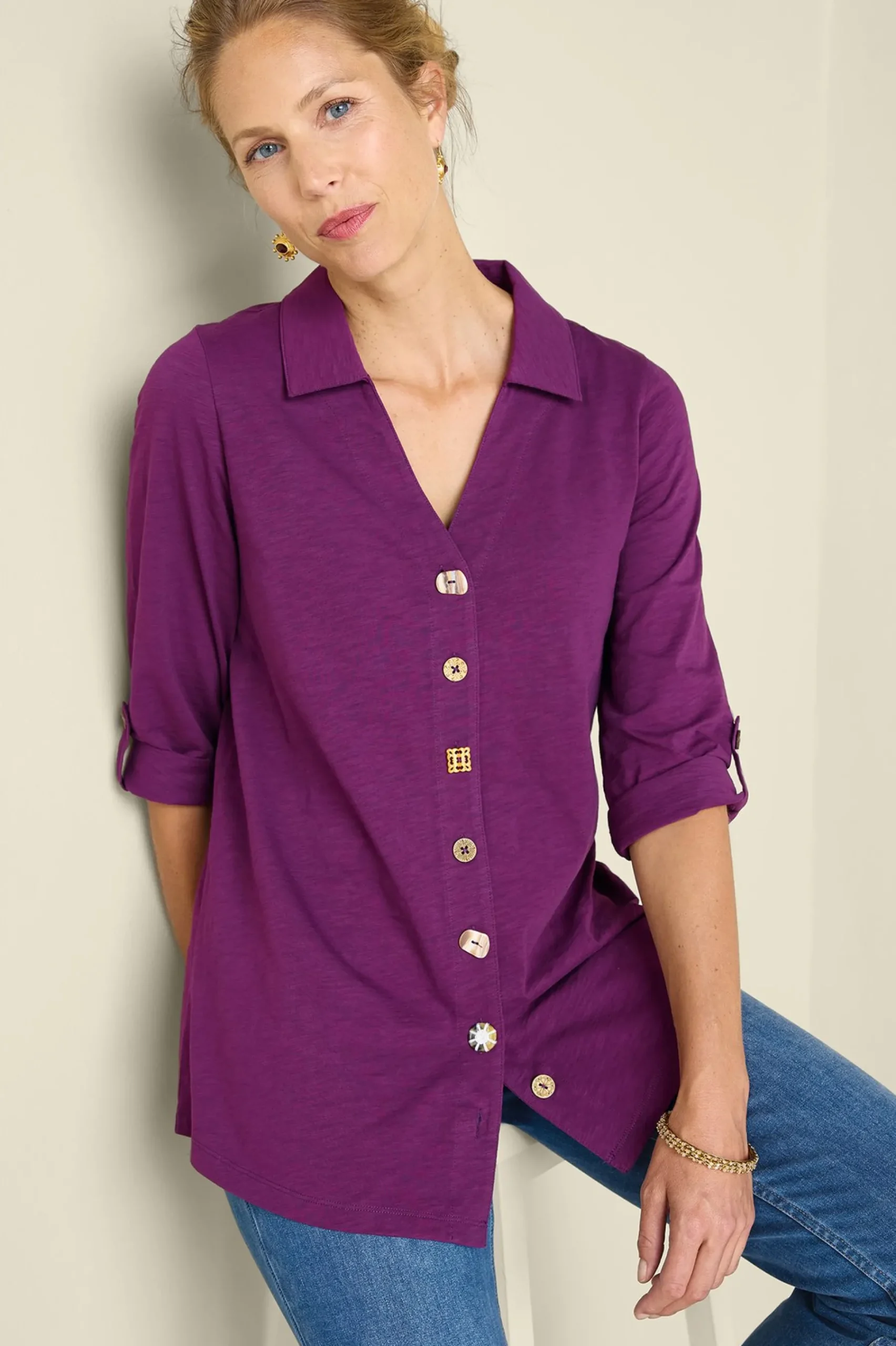 Vacation Shop|three quarter length-Soft Surroundings Danielle 3/4 Sleeve Tunic Rose Violet
