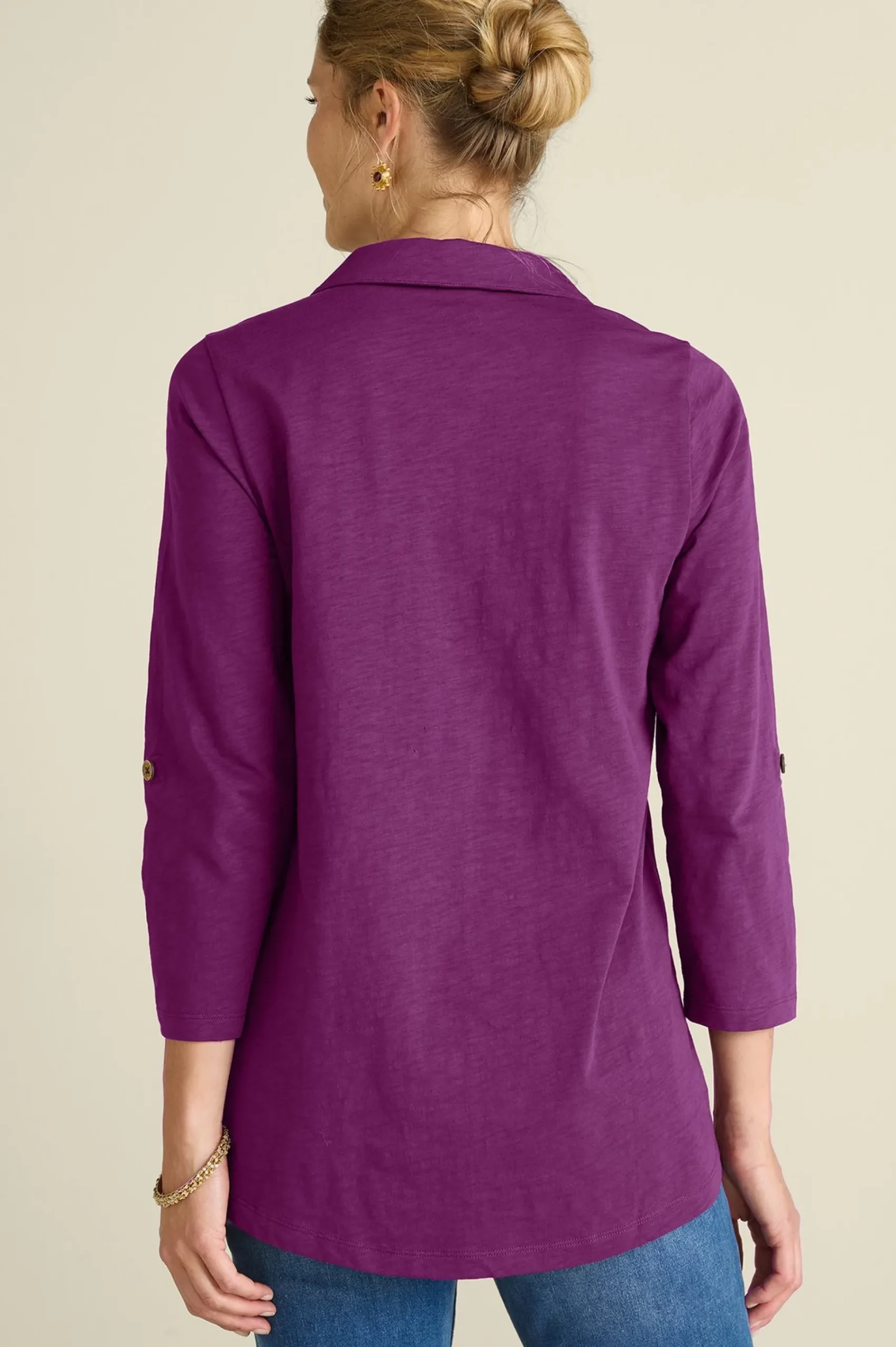 Vacation Shop|three quarter length-Soft Surroundings Danielle 3/4 Sleeve Tunic Rose Violet