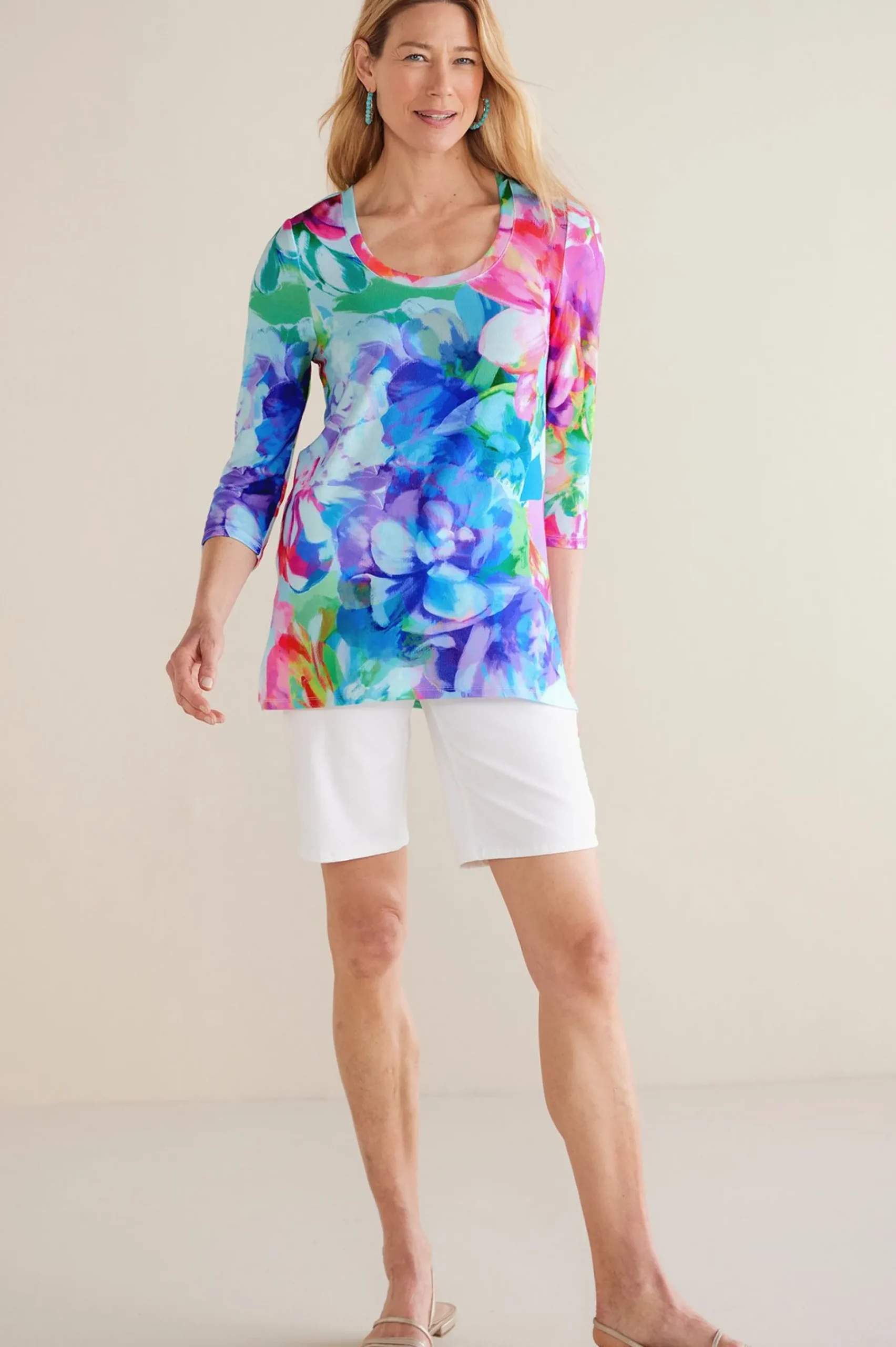 three quarter length|pullovers-Soft Surroundings Darcy Tunic Pink Spring Floral