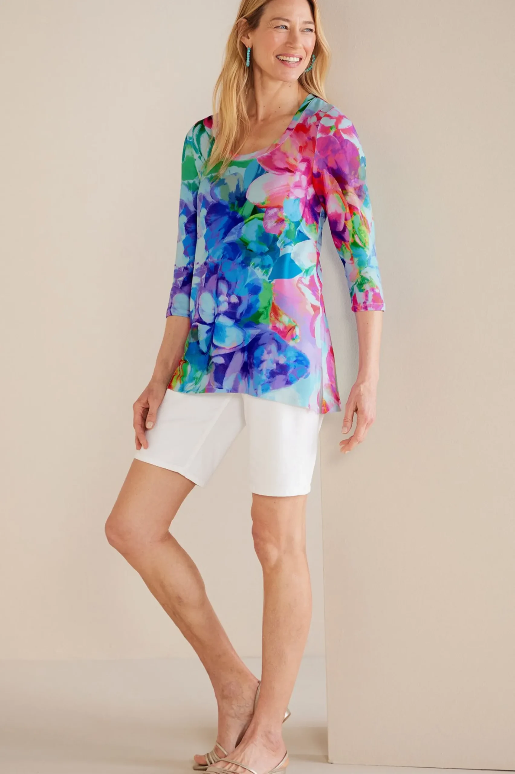 three quarter length|pullovers-Soft Surroundings Darcy Tunic Pink Spring Floral