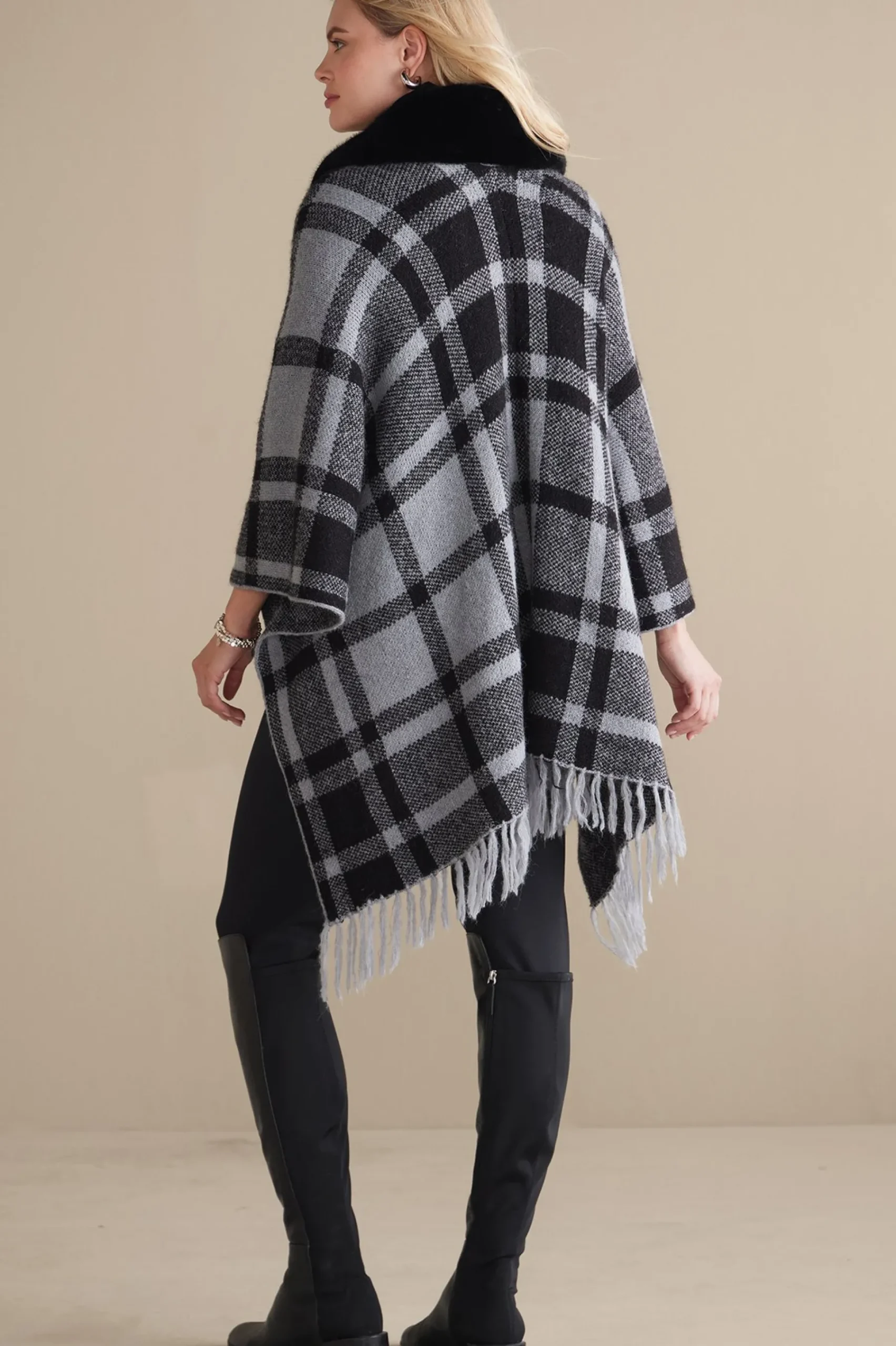 Scarves & Wraps-Soft Surroundings Demetria Plaid Poncho with Fur Collar Black/Dark Grey