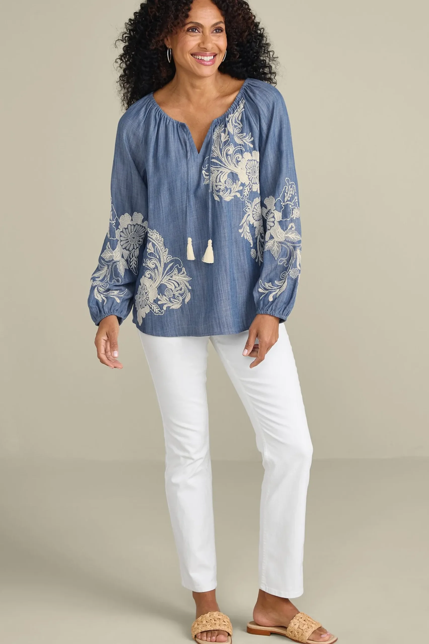 Feminine Flourish|Into The Blues-Soft Surroundings Diya Embroidered TENCEL™ Peasant Top Light Chambray