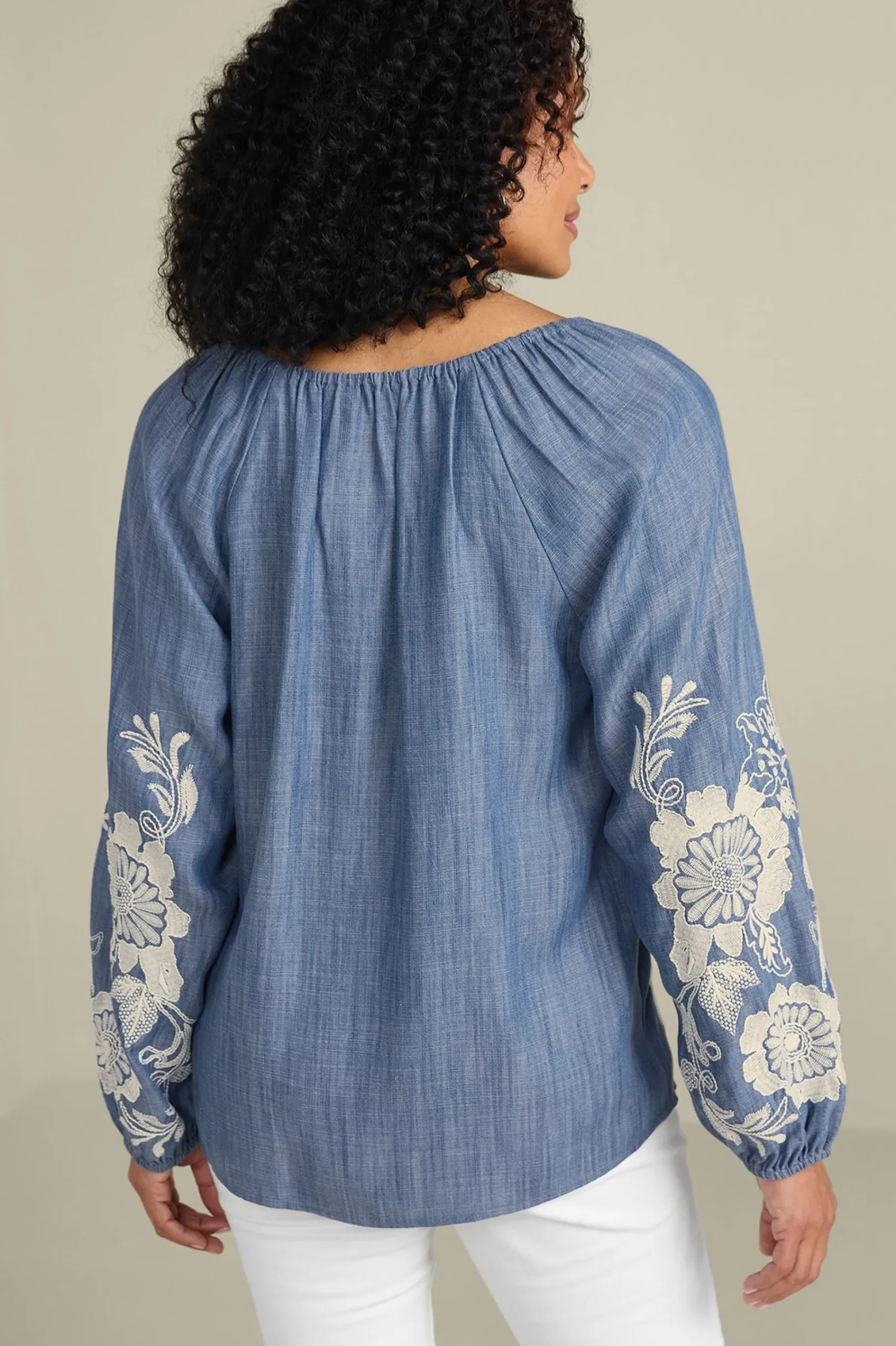 Feminine Flourish|Into The Blues-Soft Surroundings Diya Embroidered TENCEL™ Peasant Top Light Chambray