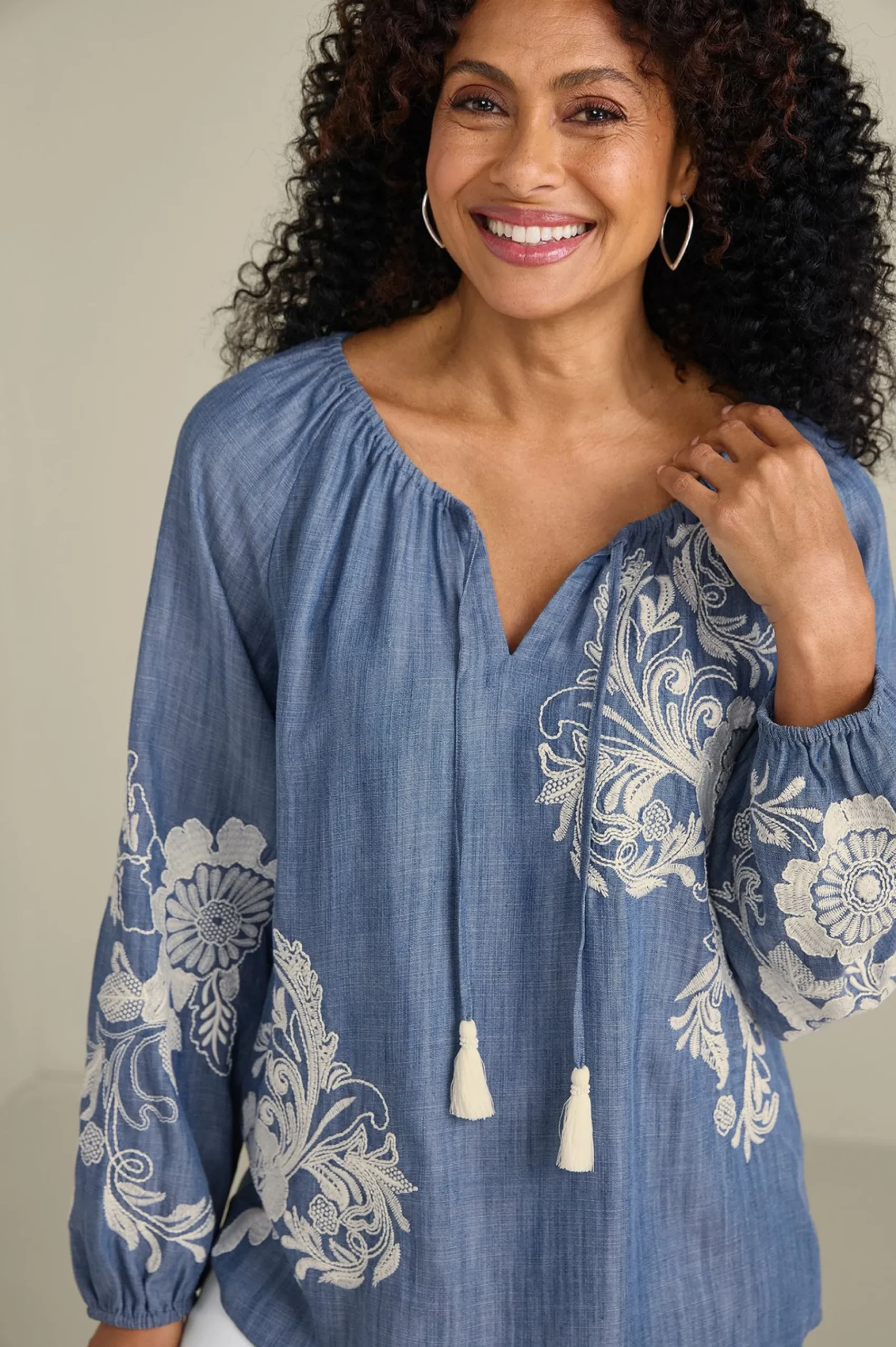 Feminine Flourish|Into The Blues-Soft Surroundings Diya Embroidered TENCEL™ Peasant Top Light Chambray