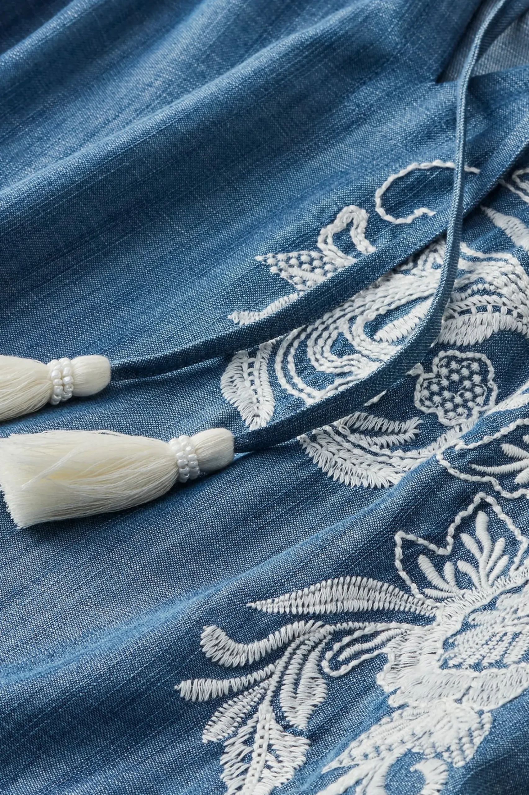 Feminine Flourish|Into The Blues-Soft Surroundings Diya Embroidered TENCEL™ Peasant Top Light Chambray