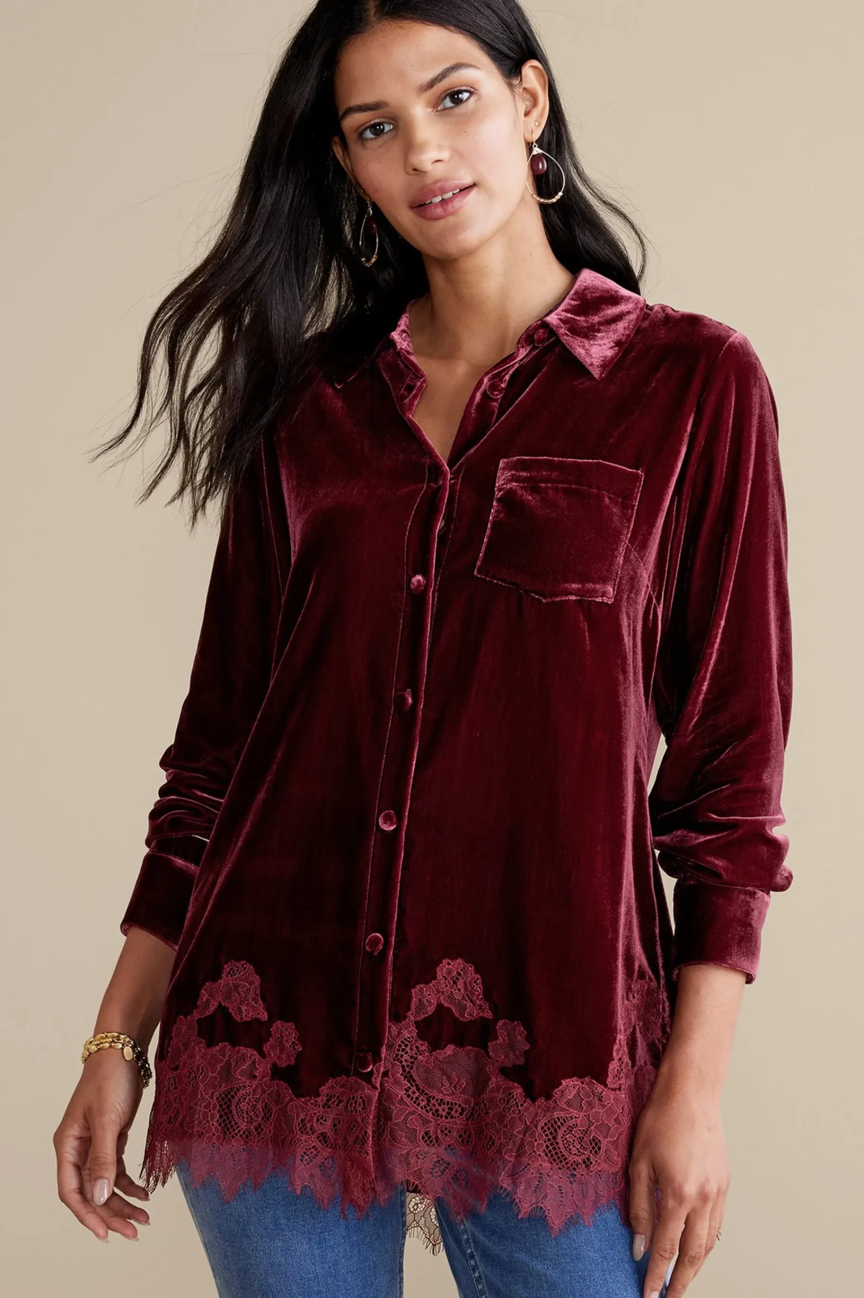Everyday Styles|EVelvet Styles-Soft Surroundings Eden Velvet & Lace Shirt Cabernet