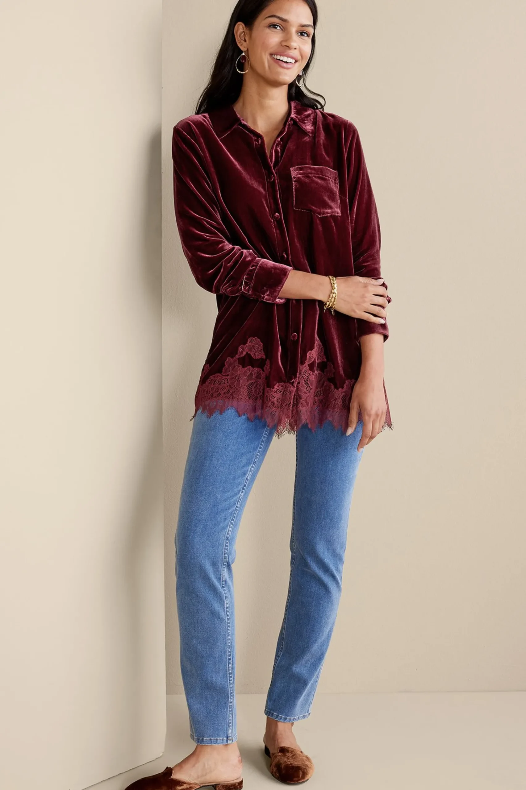 Everyday Styles|EVelvet Styles-Soft Surroundings Eden Velvet & Lace Shirt Cabernet