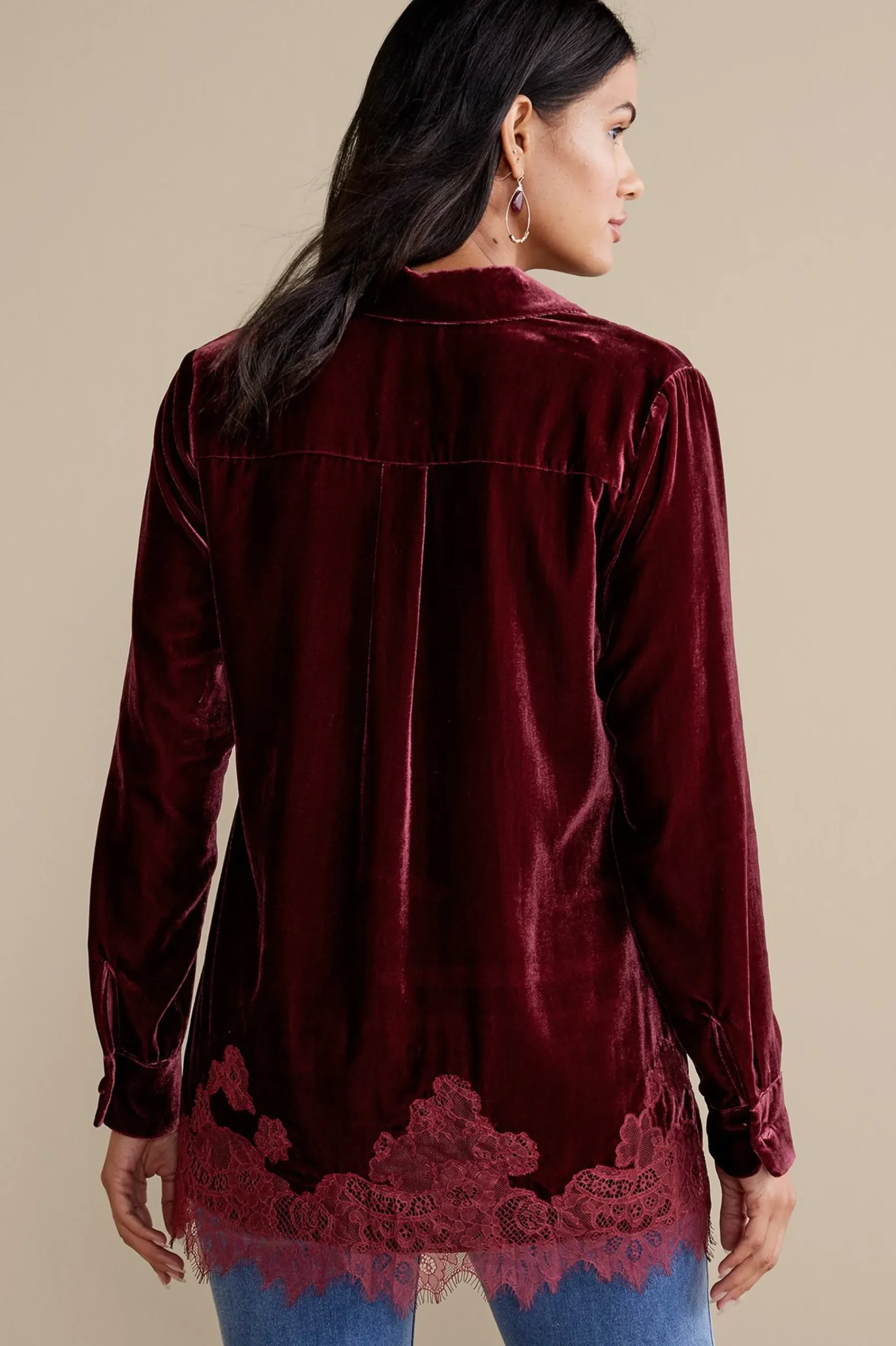 Everyday Styles|EVelvet Styles-Soft Surroundings Eden Velvet & Lace Shirt Cabernet