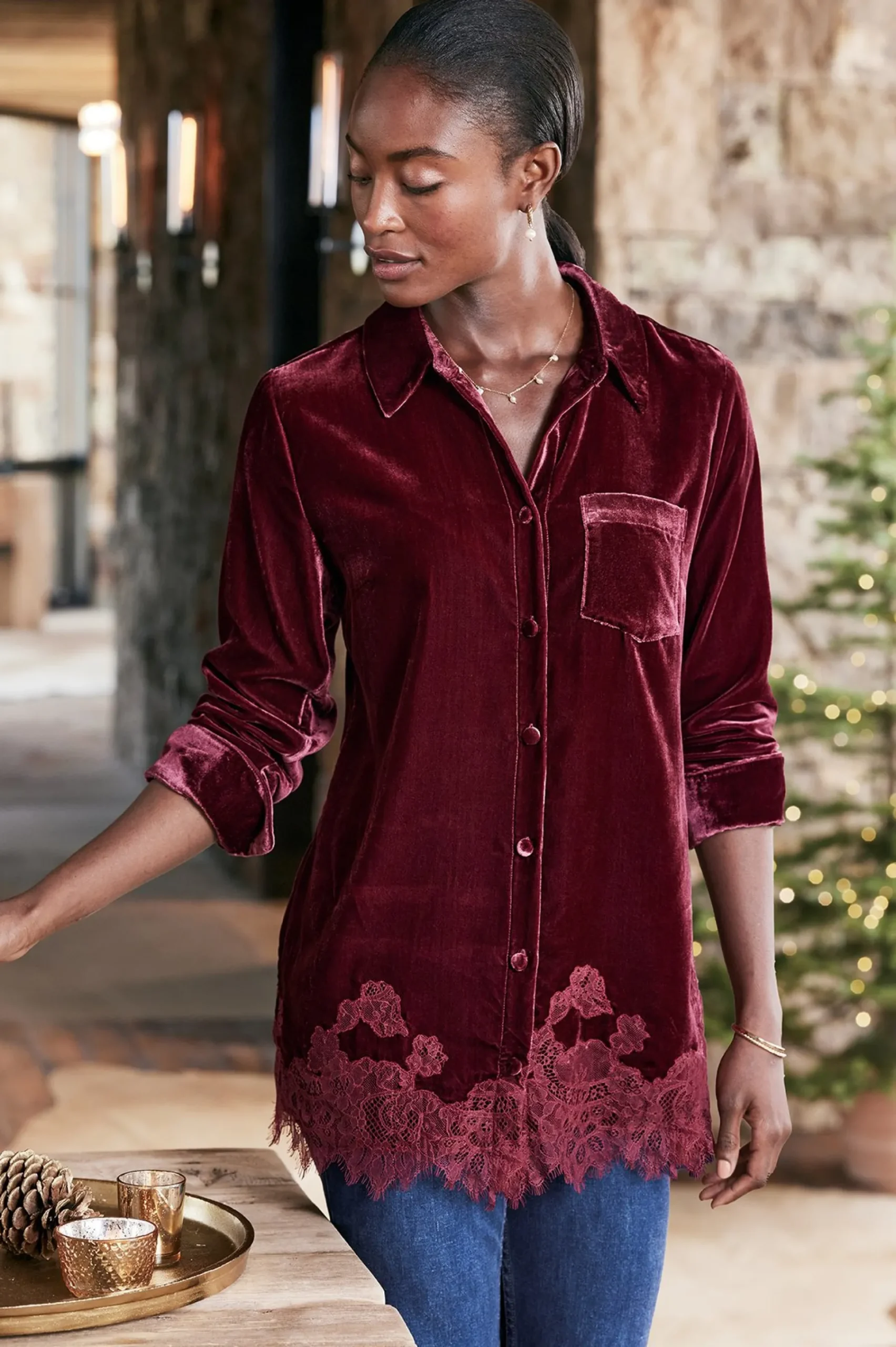 Everyday Styles|EVelvet Styles-Soft Surroundings Eden Velvet & Lace Shirt Cabernet