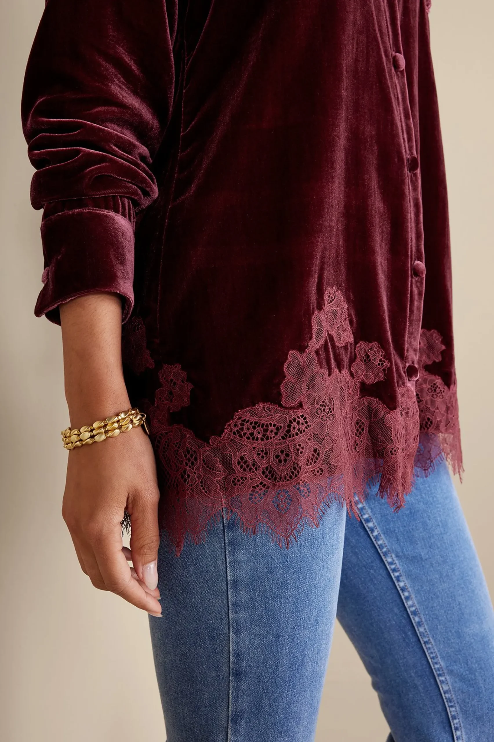 Everyday Styles|EVelvet Styles-Soft Surroundings Eden Velvet & Lace Shirt Cabernet