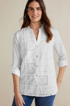 long sleeve|shirts-Soft Surroundings Eleanor Crochet Shirt White
