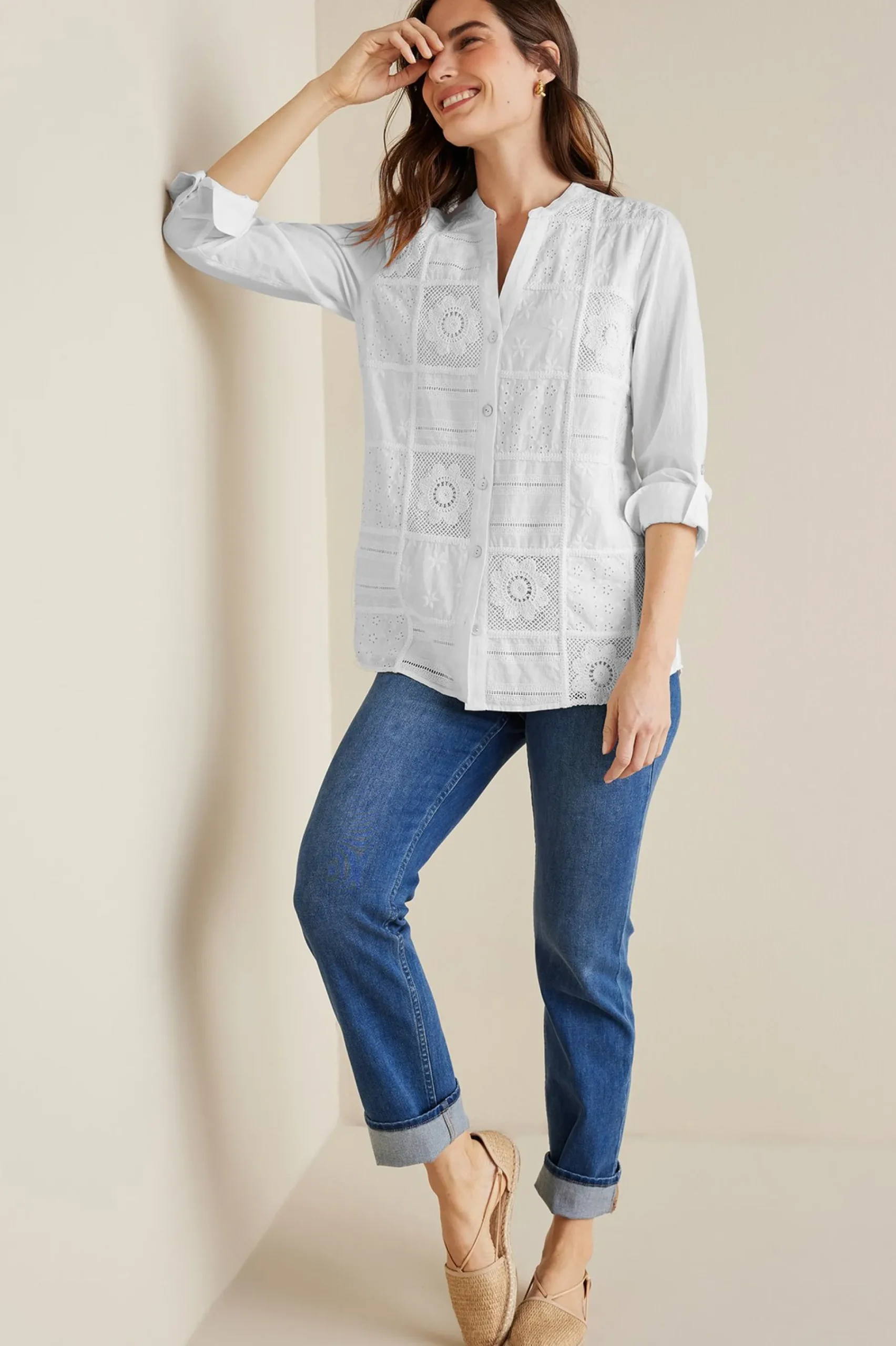 long sleeve|shirts-Soft Surroundings Eleanor Crochet Shirt White