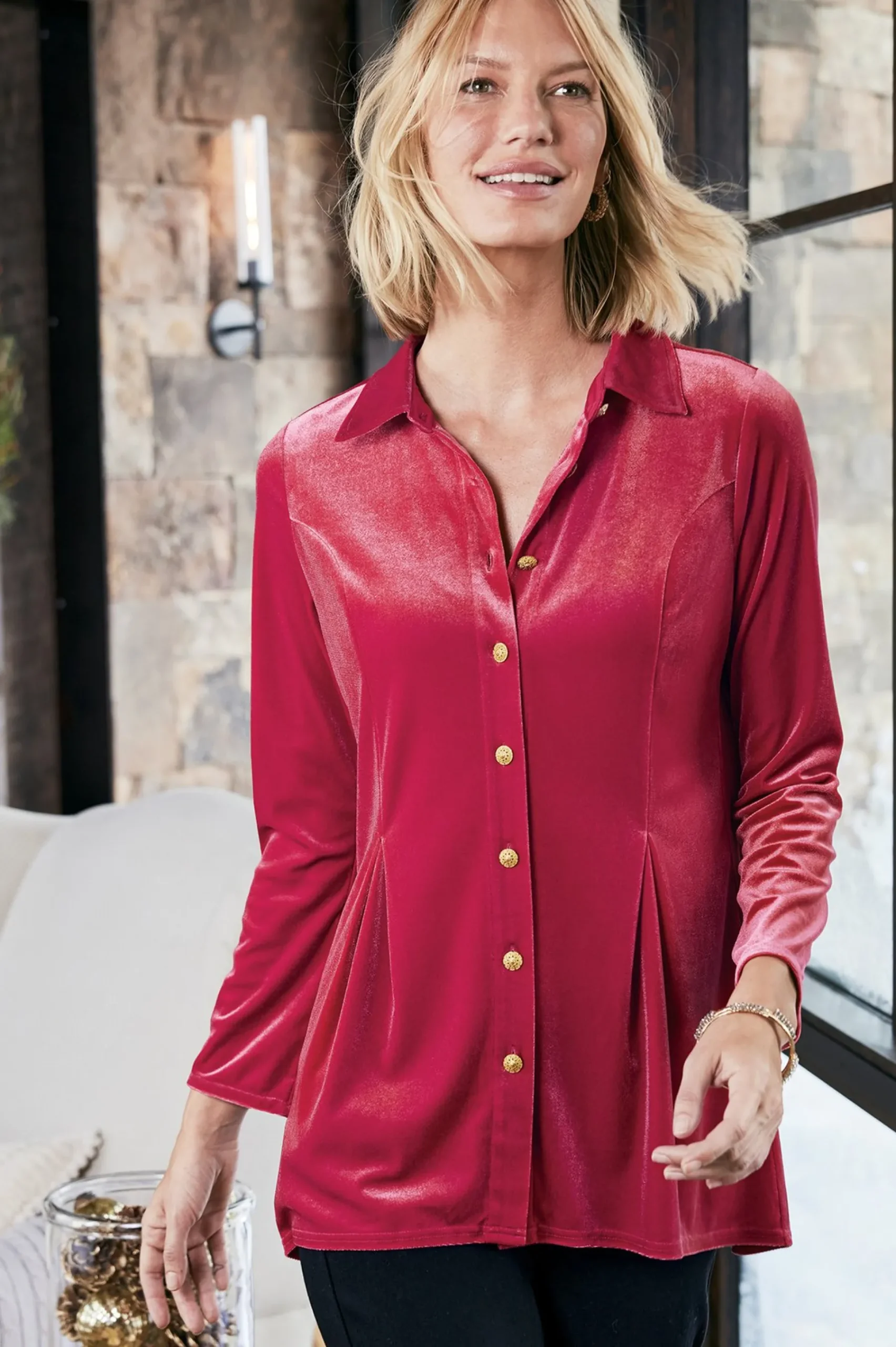 EVelvet Styles|long sleeve-Soft Surroundings Enchanted Velvet Shirt Sangria Red