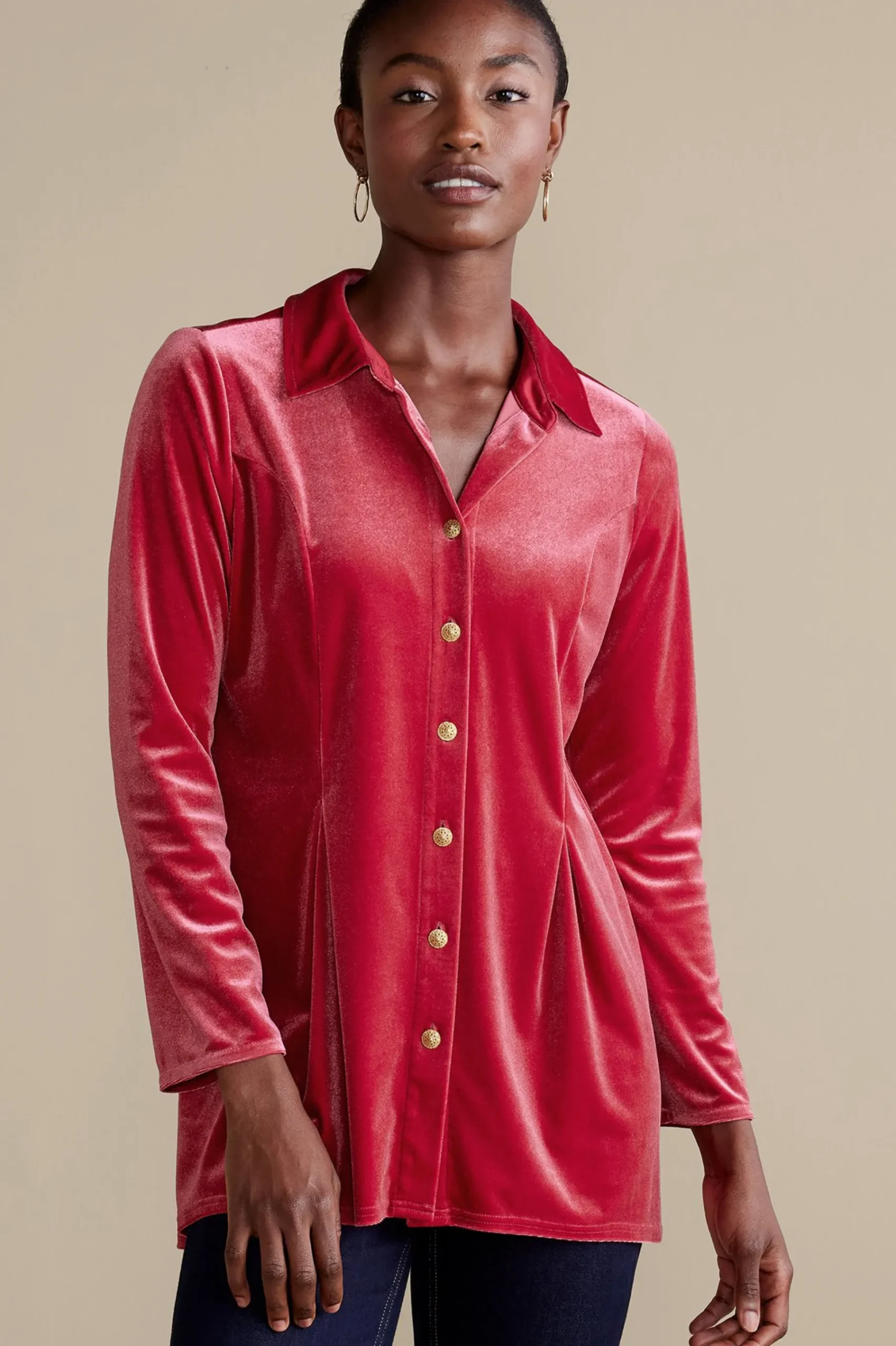 EVelvet Styles|long sleeve-Soft Surroundings Enchanted Velvet Shirt Sangria Red