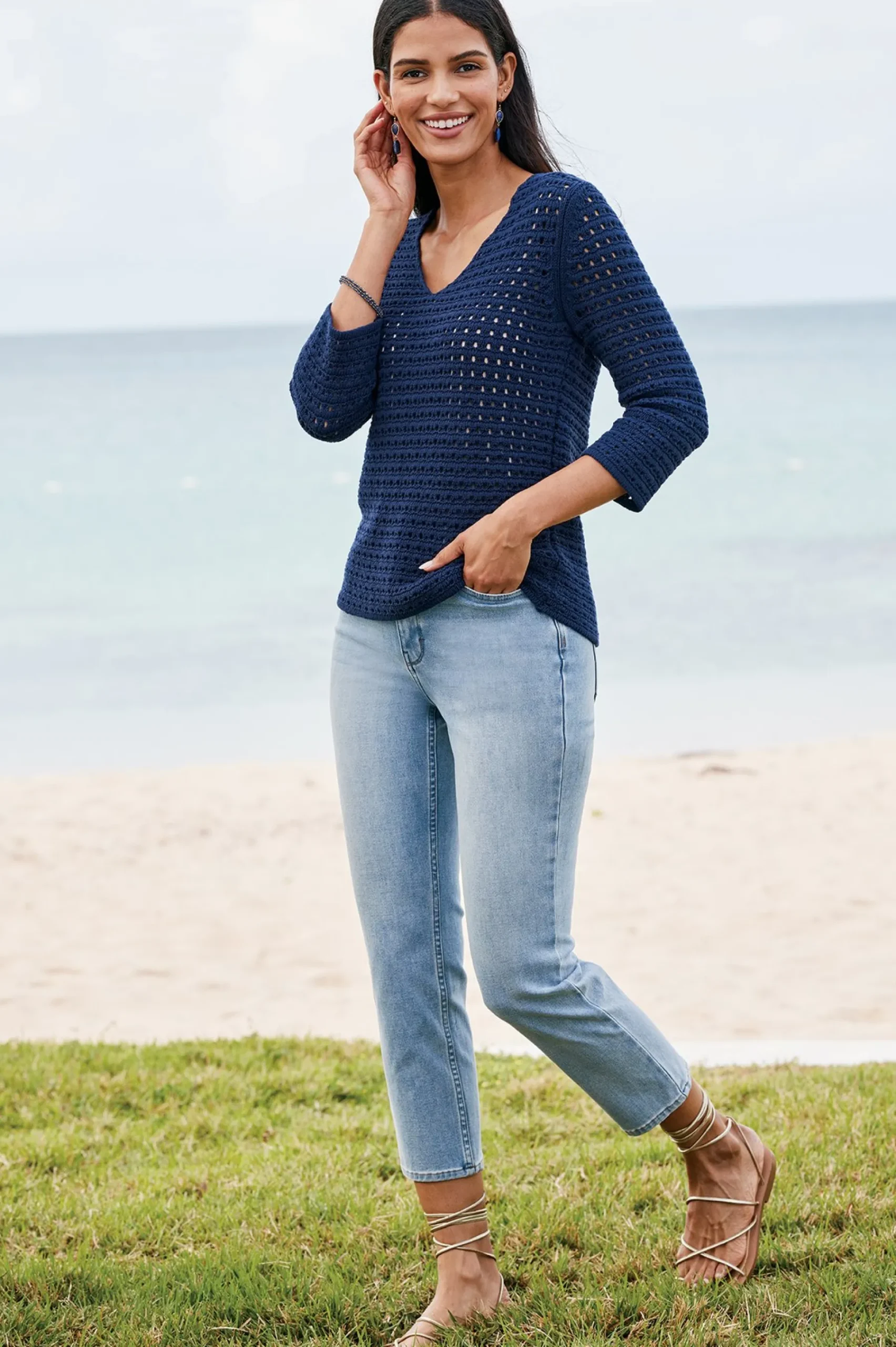 Sweaters & Cardigans|three quarter length-Soft Surroundings Estrella Sweater Navy