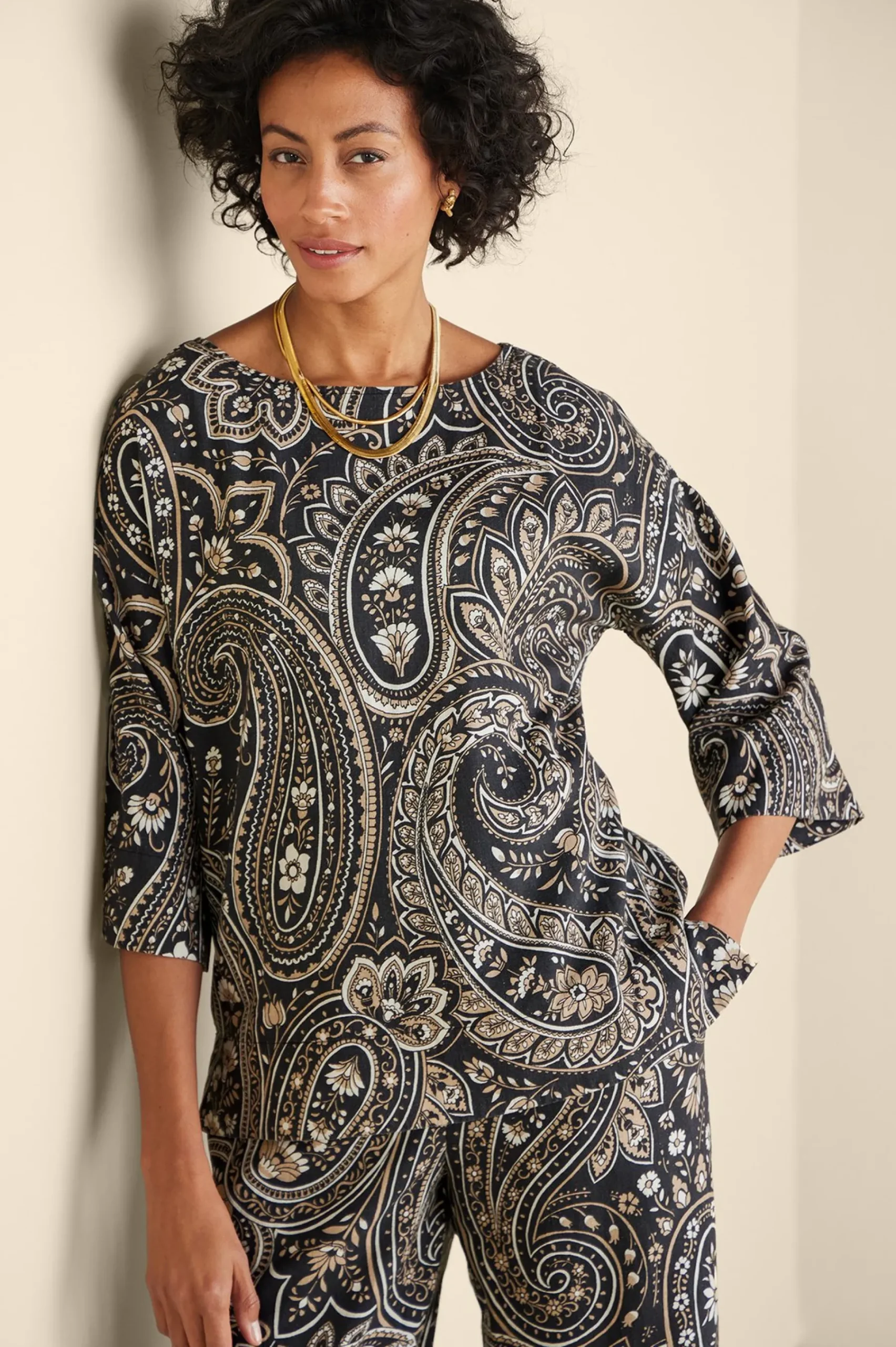 Vacation Shop|three quarter length-Soft Surroundings Fleur Top Global Paisley