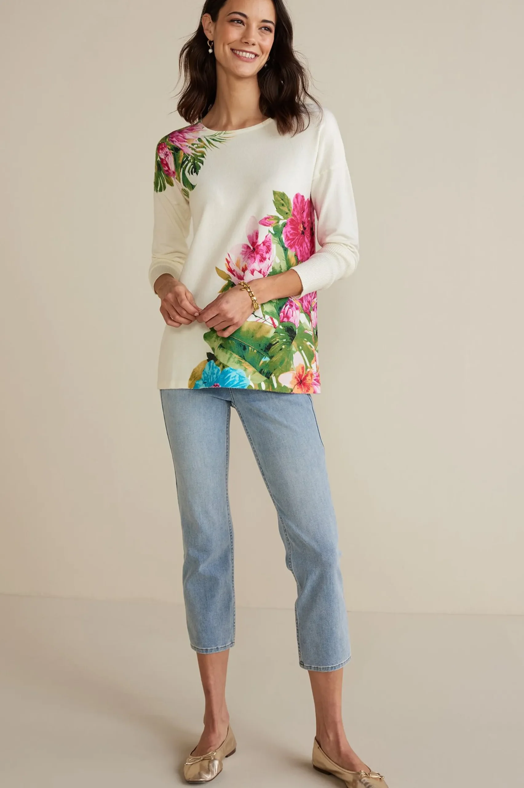 Sweaters & Cardigans|sweaters-Soft Surroundings Garden Bloom Sweater Ecru