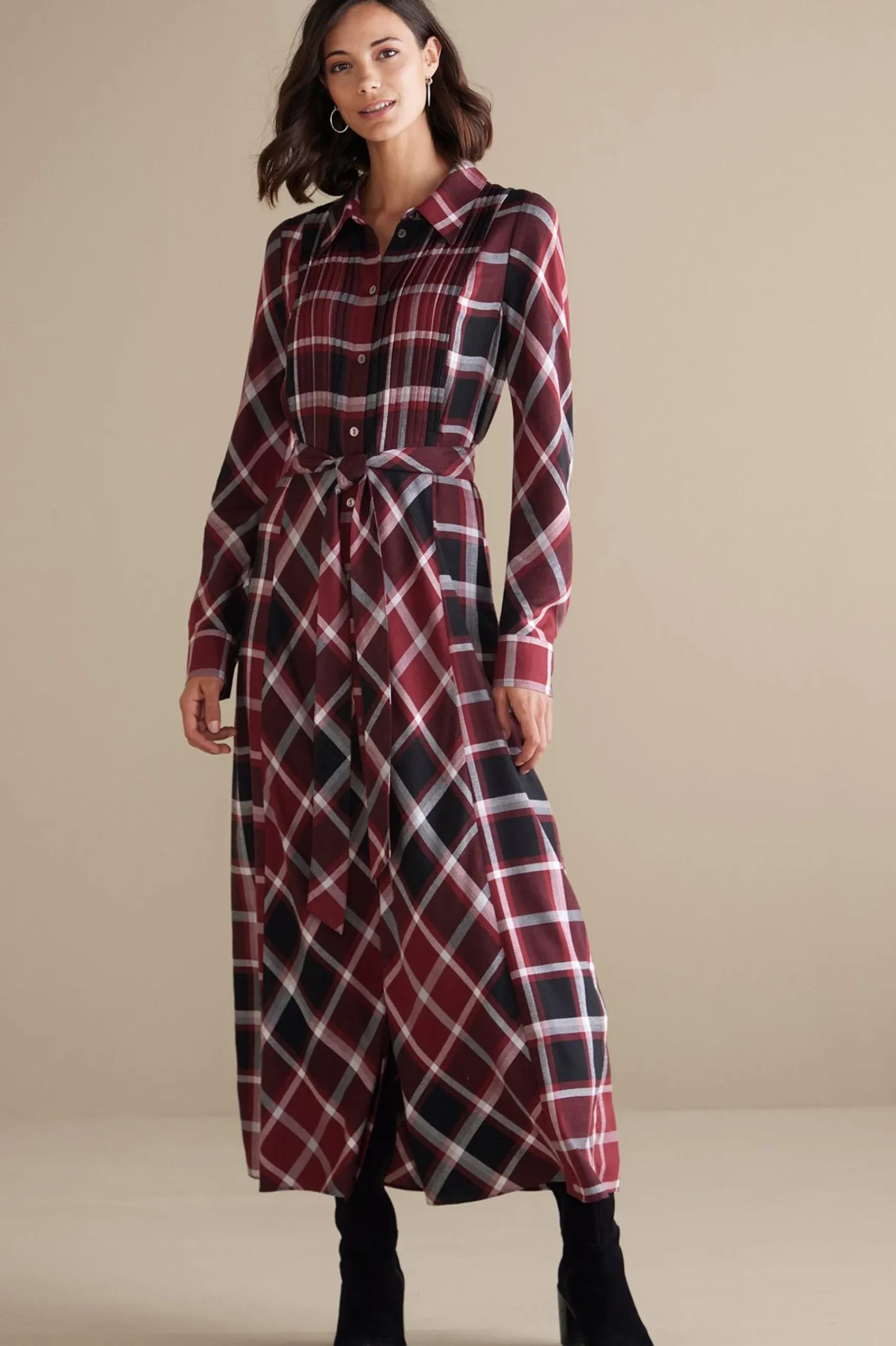 Everyday Styles|patterned-Soft Surroundings Gayle Tartan Dress Cabernet
