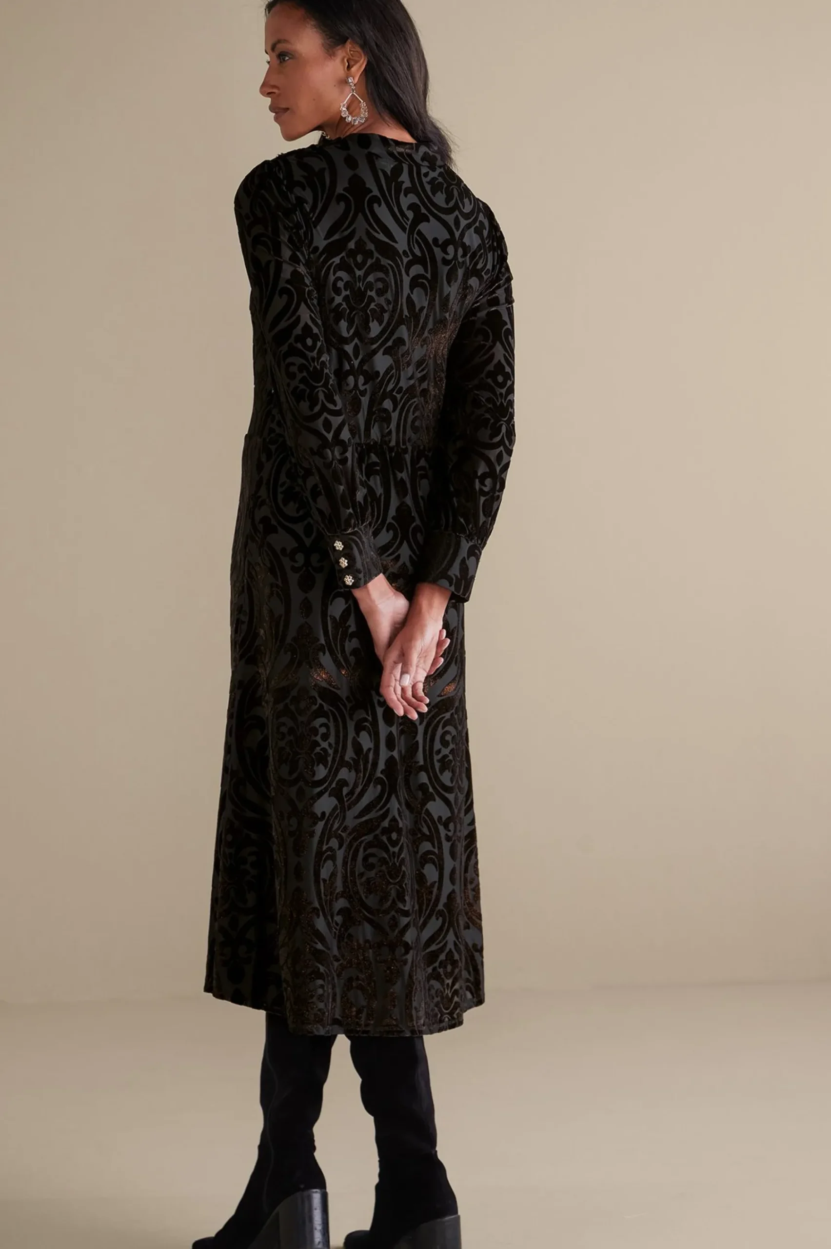 EVelvet Styles|occasion dresses-Soft Surroundings Hadley Velvet Dress Black Abstract