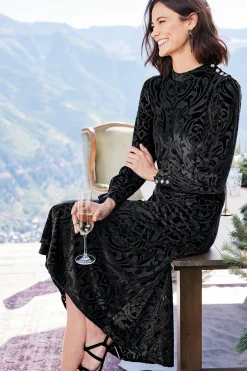 EVelvet Styles|occasion dresses-Soft Surroundings Hadley Velvet Dress Black Abstract