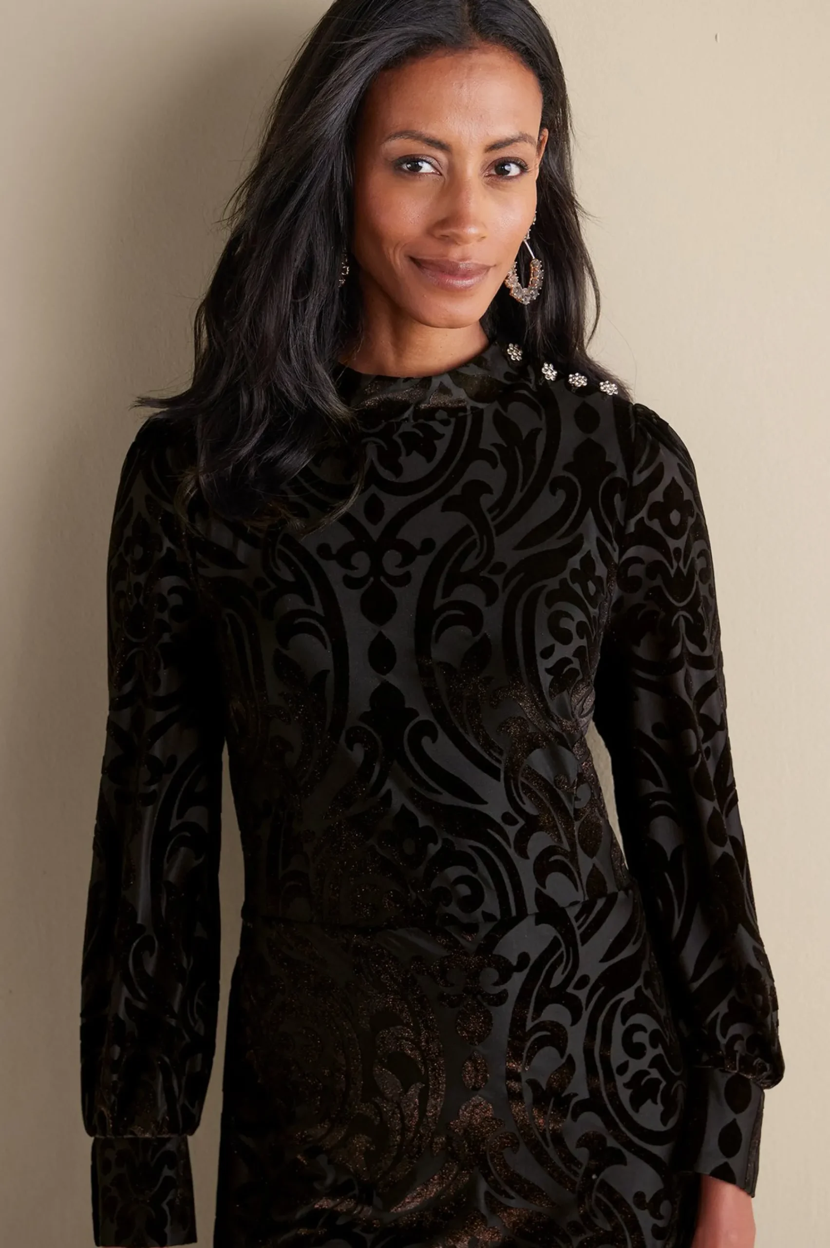 EVelvet Styles|occasion dresses-Soft Surroundings Hadley Velvet Dress Black Abstract