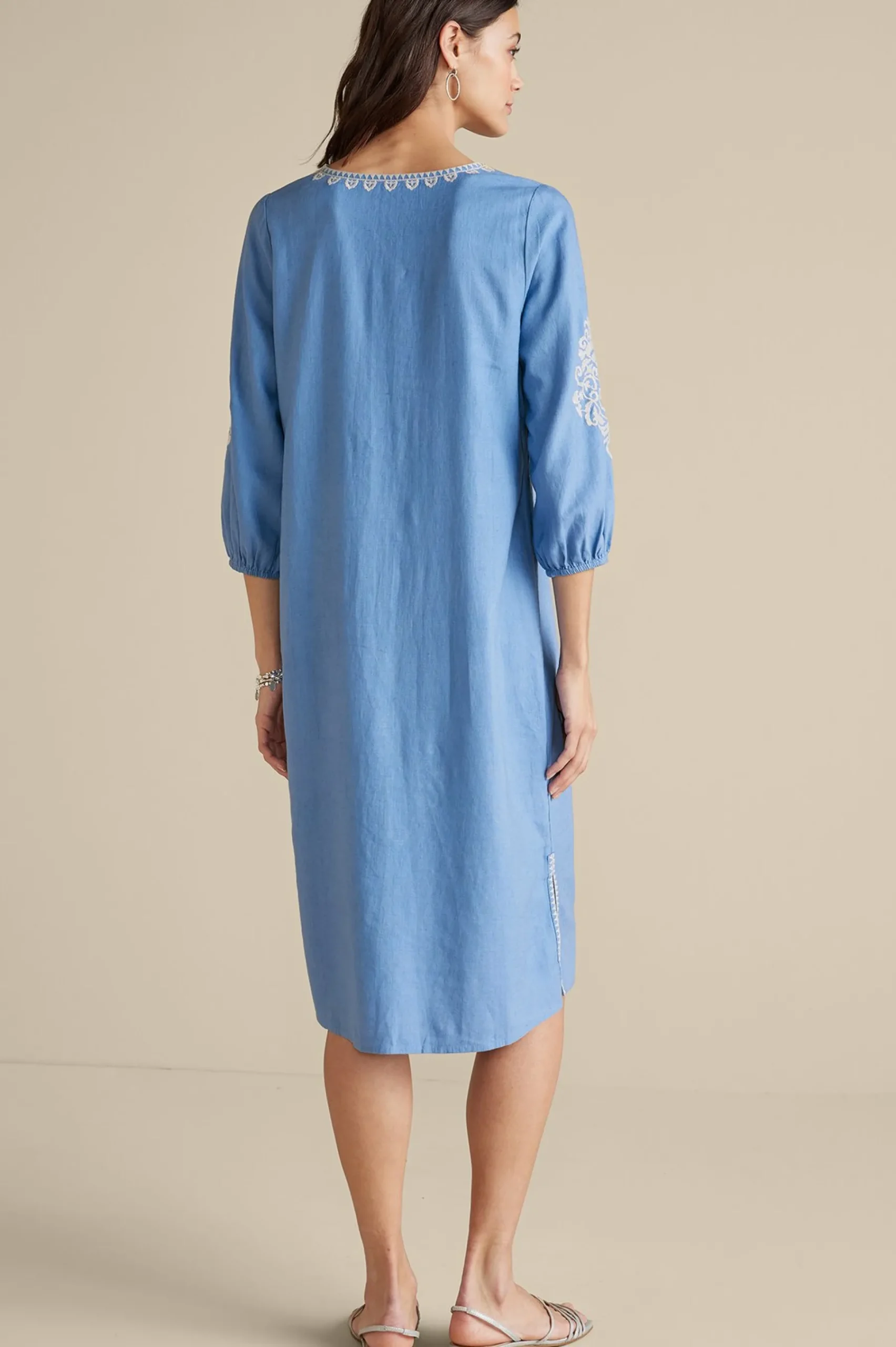 Feminine Flourish|Into The Blues-Soft Surroundings Hasana Linen Blend Midi Dress Riverside Blue