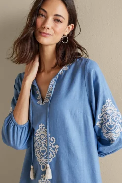 Feminine Flourish|Into The Blues-Soft Surroundings Hasana Linen Blend Midi Dress Riverside Blue