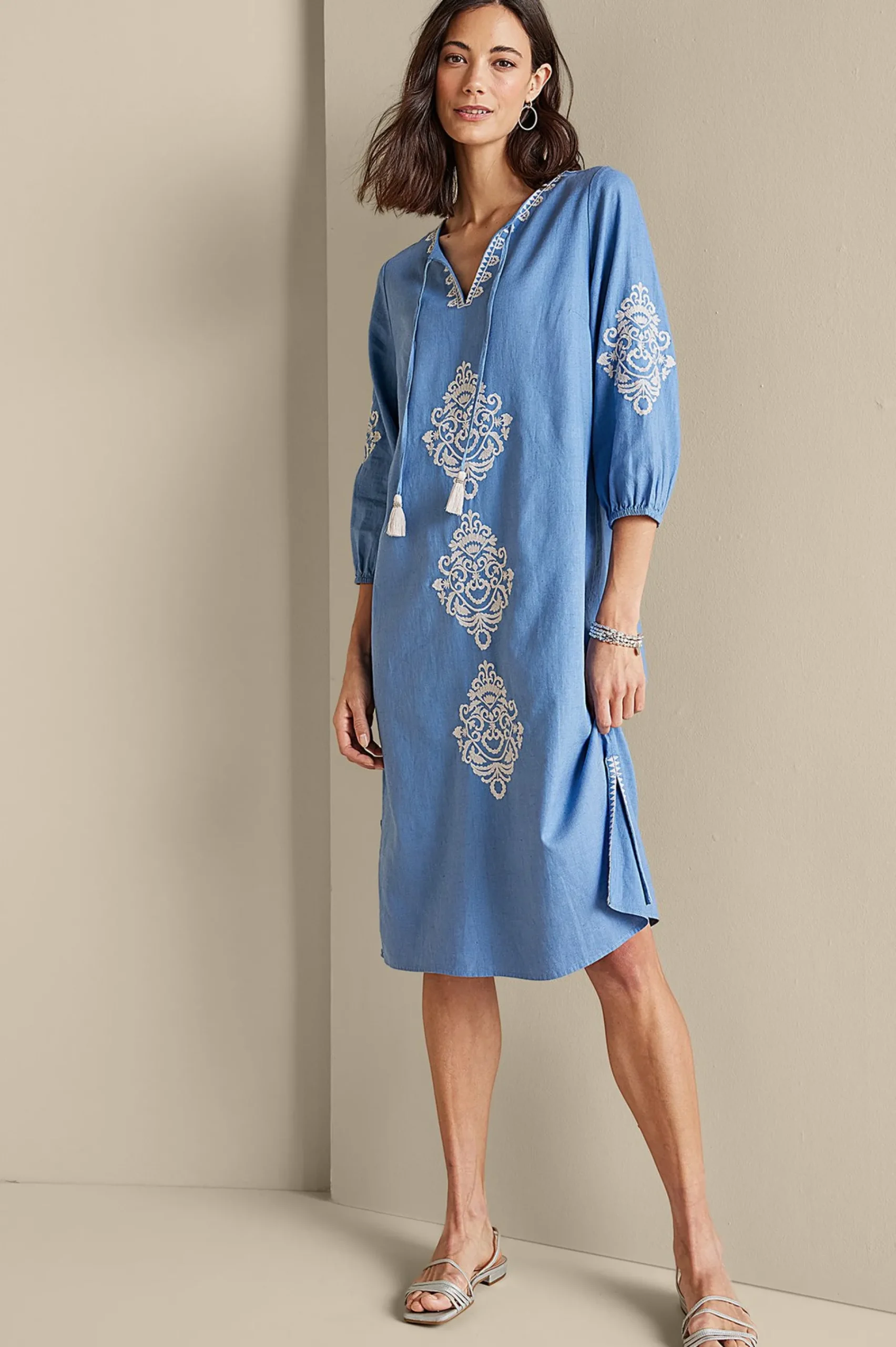 Feminine Flourish|Into The Blues-Soft Surroundings Hasana Linen Blend Midi Dress Riverside Blue