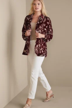EVelvet Styles|elbow length-Soft Surroundings Icon Silk Velvet Poets Shirt Red Floral
