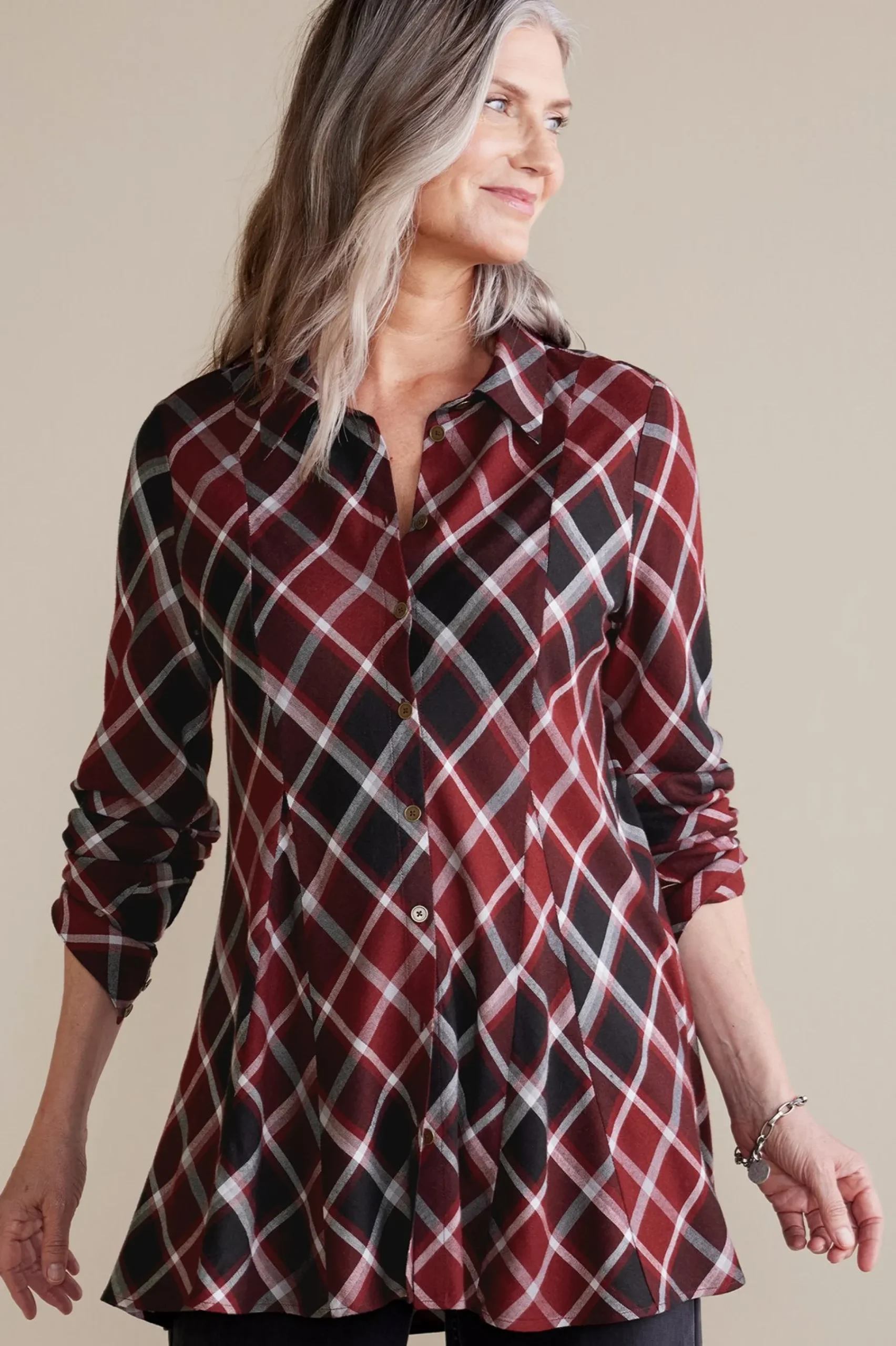 Everyday Styles|long sleeve-Soft Surroundings Joelle Plaid Tunic Cabernet Plaid