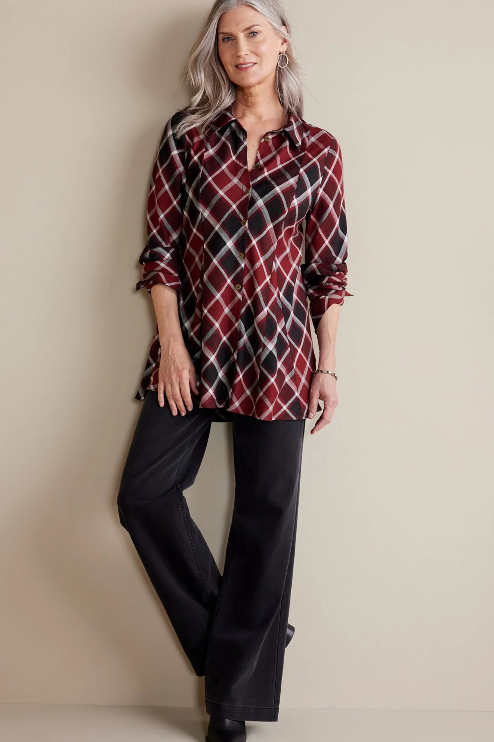 Everyday Styles|long sleeve-Soft Surroundings Joelle Plaid Tunic Cabernet Plaid