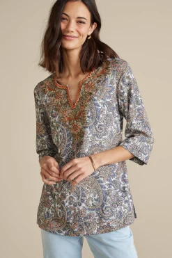 Global Artistry|long sleeve-Soft Surroundings Kaimana Embellished Tunic Spring Paisley