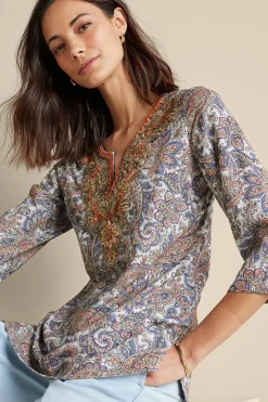 Global Artistry|long sleeve-Soft Surroundings Kaimana Embellished Tunic Spring Paisley